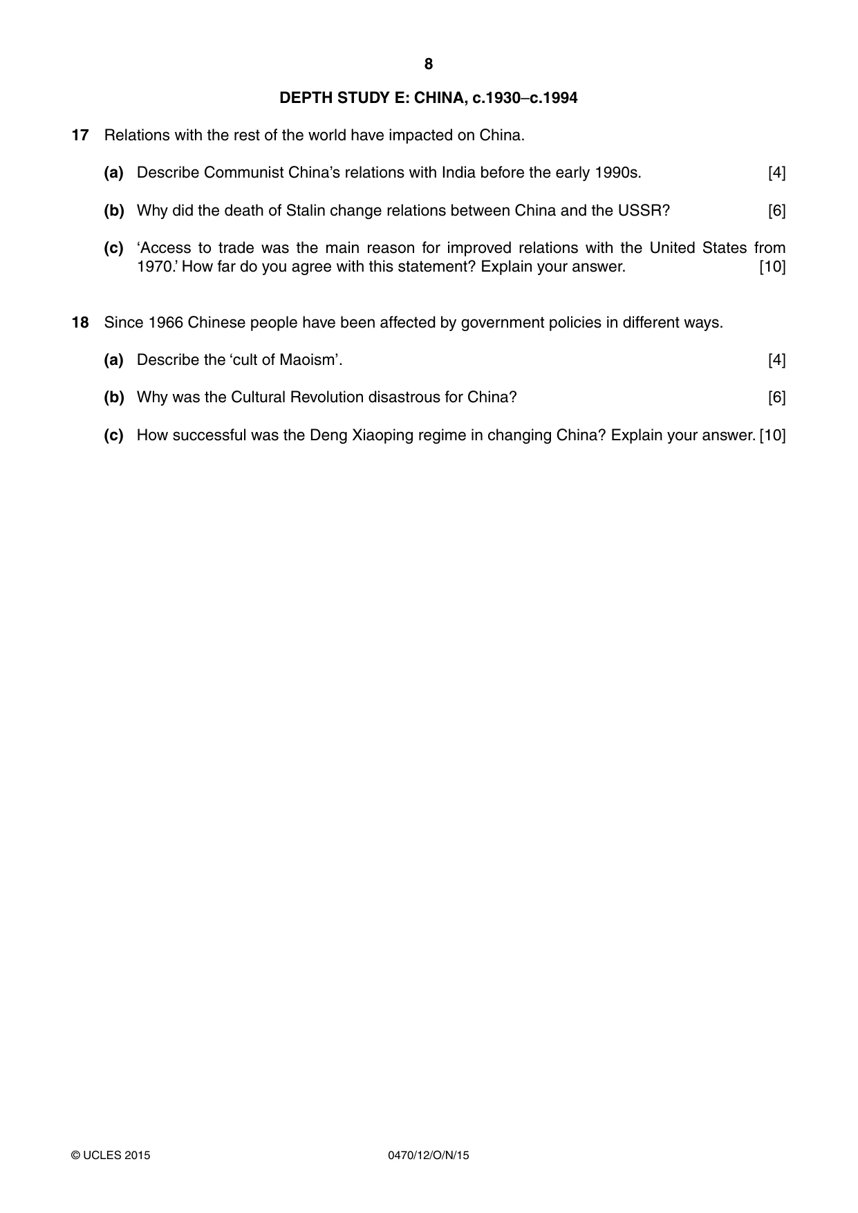 Cambridge IGCSE History 0470 2015 Oct/Nov Paper 1 · Variant 2 question paper, page 8 of 12