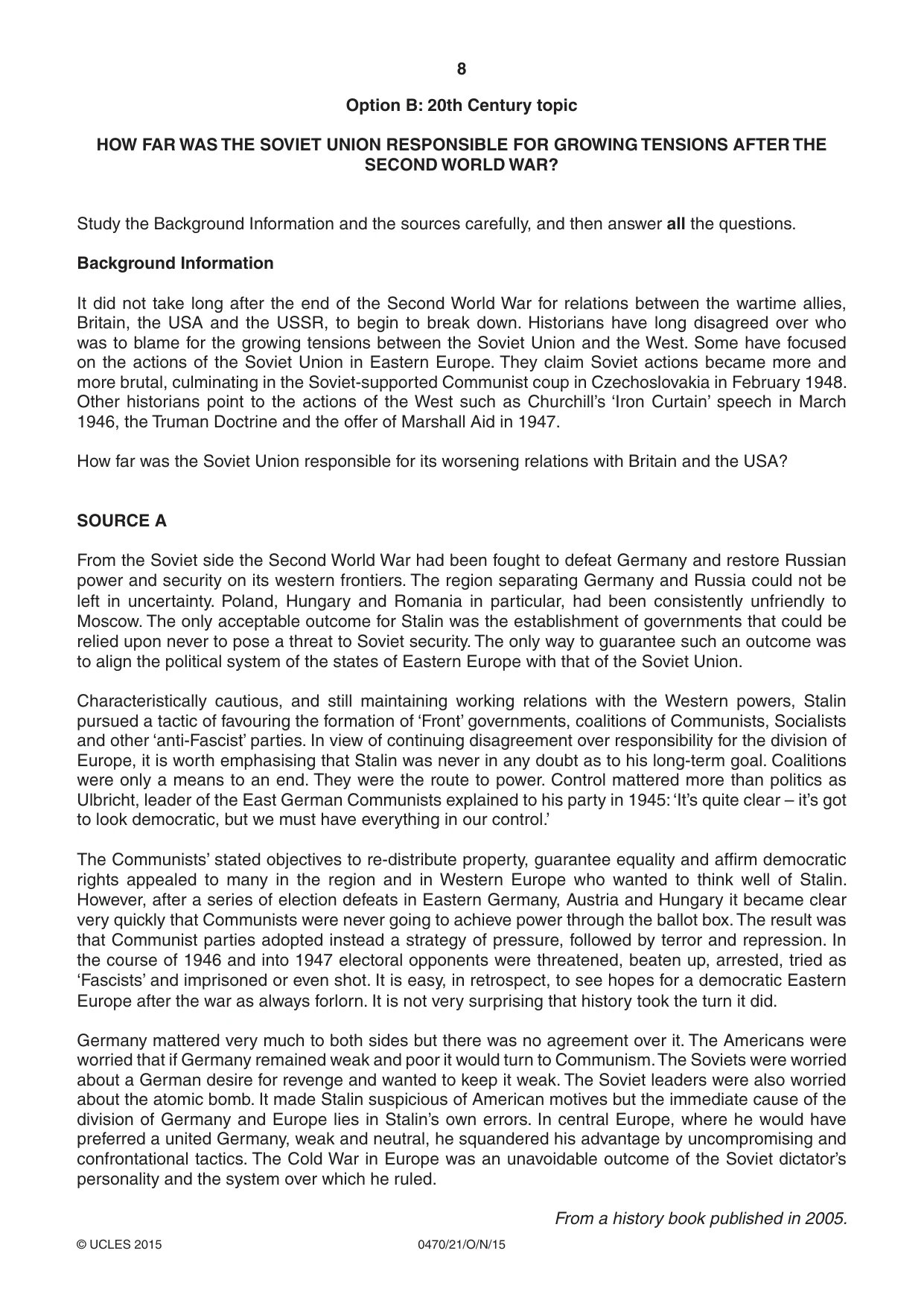 Cambridge IGCSE History 0470 2015 Oct/Nov Paper 2 · Variant 1 question paper, page 8 of 16