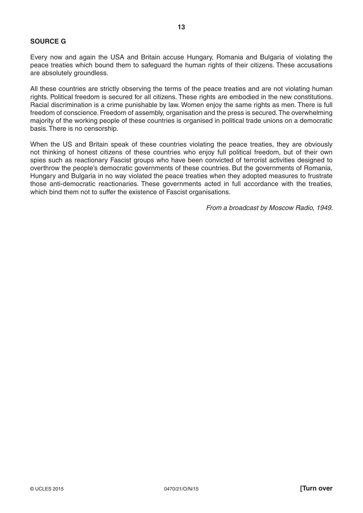 Cambridge IGCSE History 0470 2015 Oct/Nov Paper 2 · Variant 1 question paper, page 13 of 16