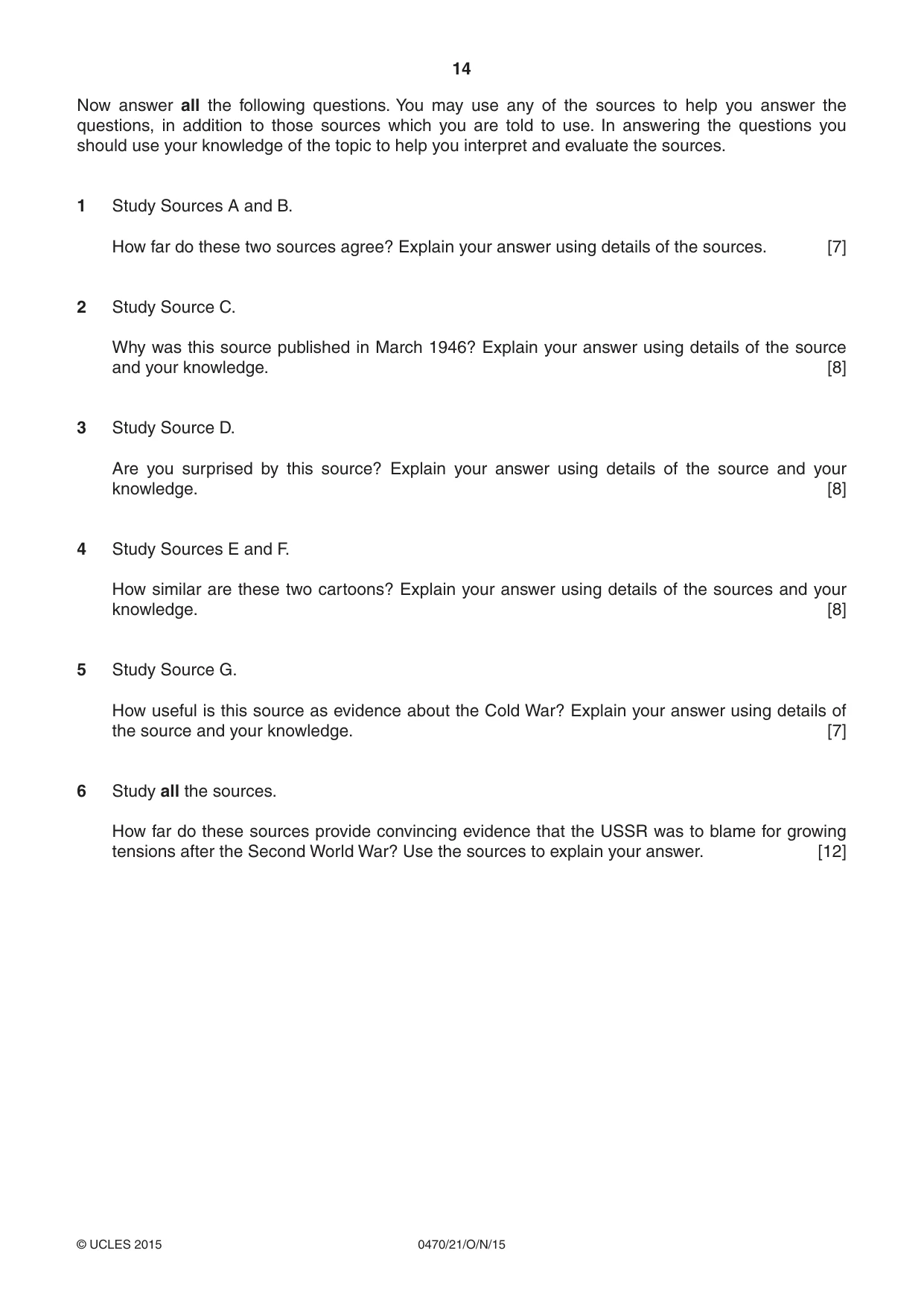 Cambridge IGCSE History 0470 2015 Oct/Nov Paper 2 · Variant 1 question paper, page 14 of 16