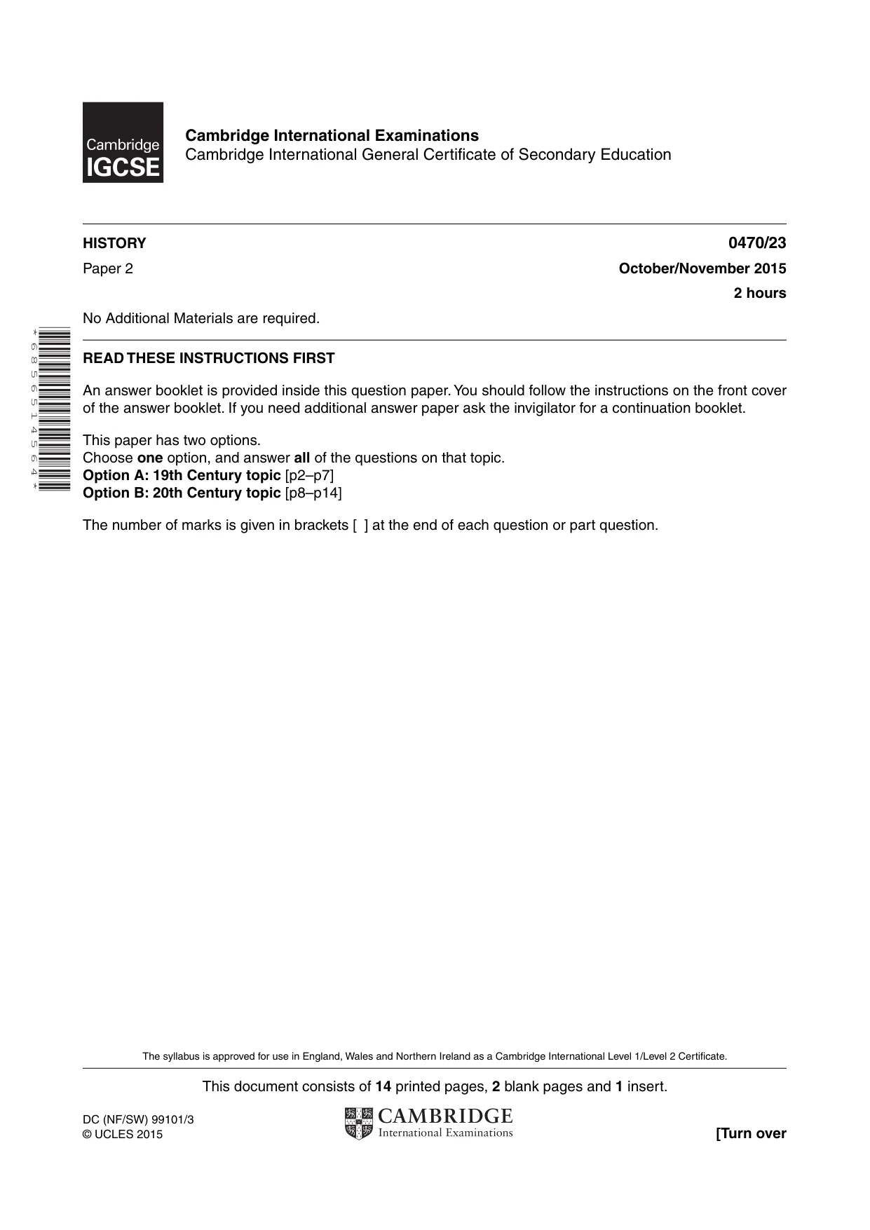 Cambridge IGCSE History 0470 2015 Oct/Nov Paper 2 · Variant 3 question paper, page 1 of 16
