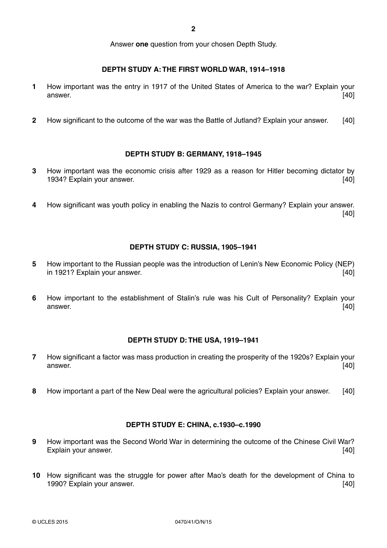 Cambridge IGCSE History 0470 2015 Oct/Nov Paper 4 · Variant 1 question paper, page 2 of 4