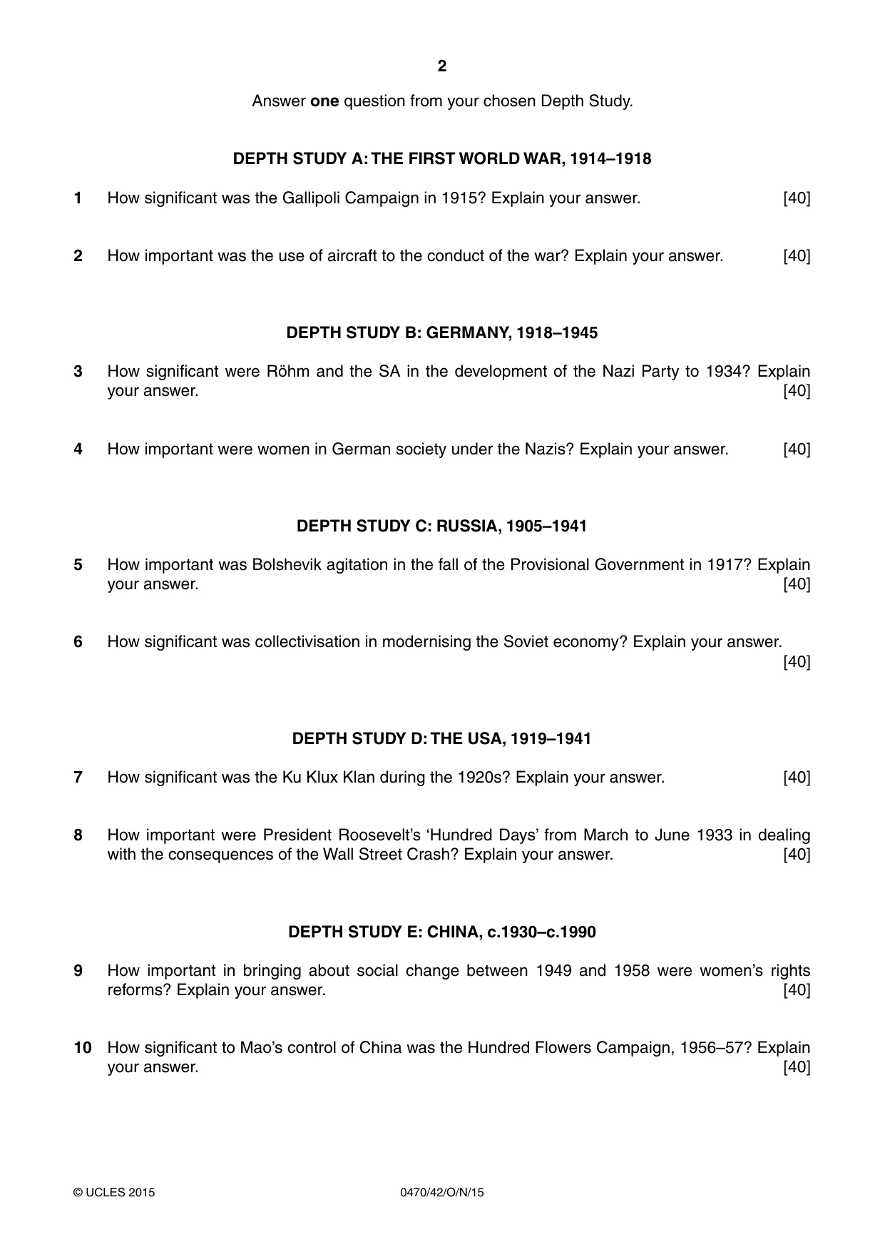 Cambridge IGCSE History 0470 2015 Oct/Nov Paper 4 · Variant 2 question paper, page 2 of 4