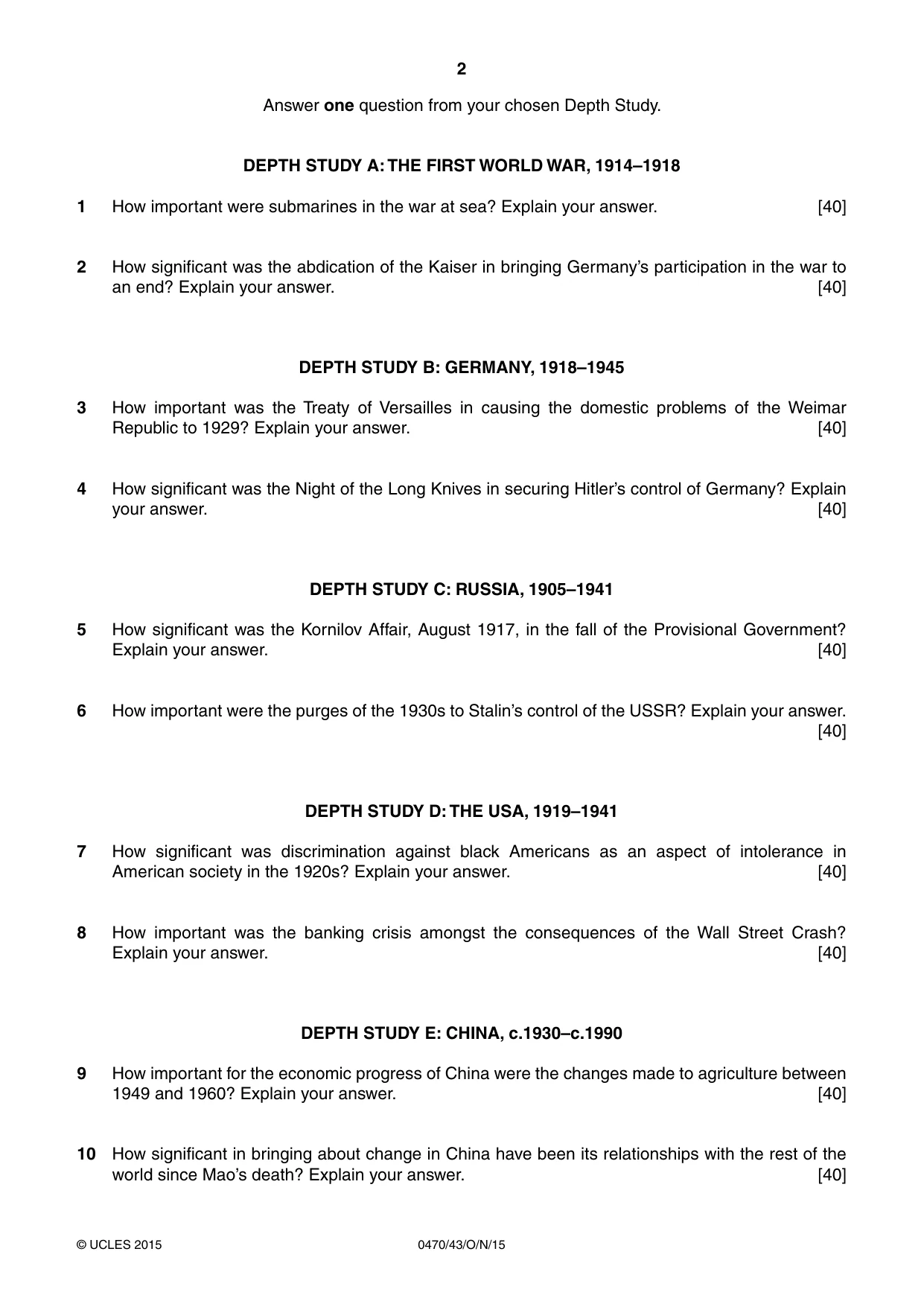 Cambridge IGCSE History 0470 2015 Oct/Nov Paper 4 · Variant 3 question paper, page 2 of 4