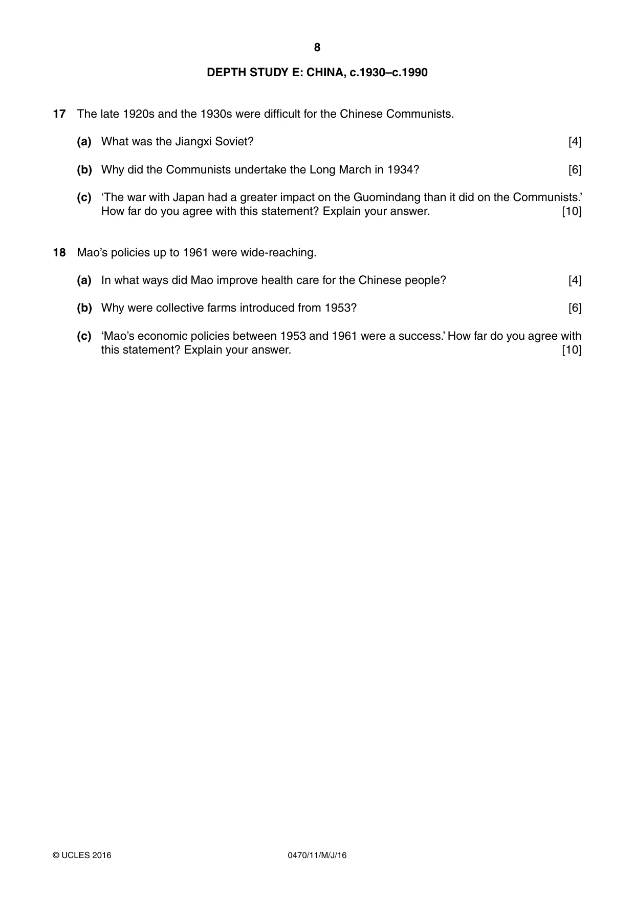 Cambridge IGCSE History 0470 2016 May/June Paper 1 · Variant 1 question paper, page 8 of 12