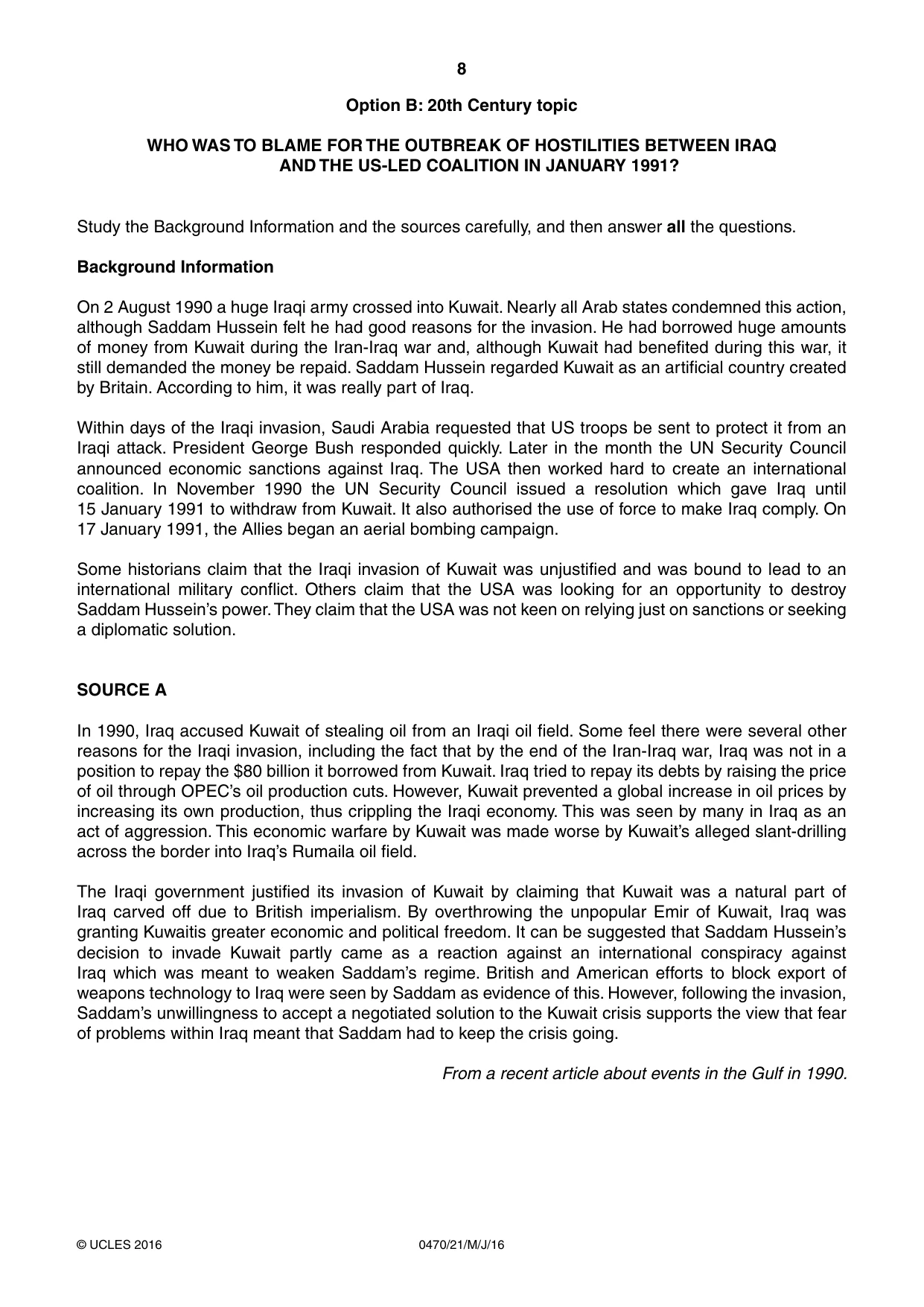 Cambridge IGCSE History 0470 2016 May/June Paper 2 · Variant 1 question paper, page 8 of 16