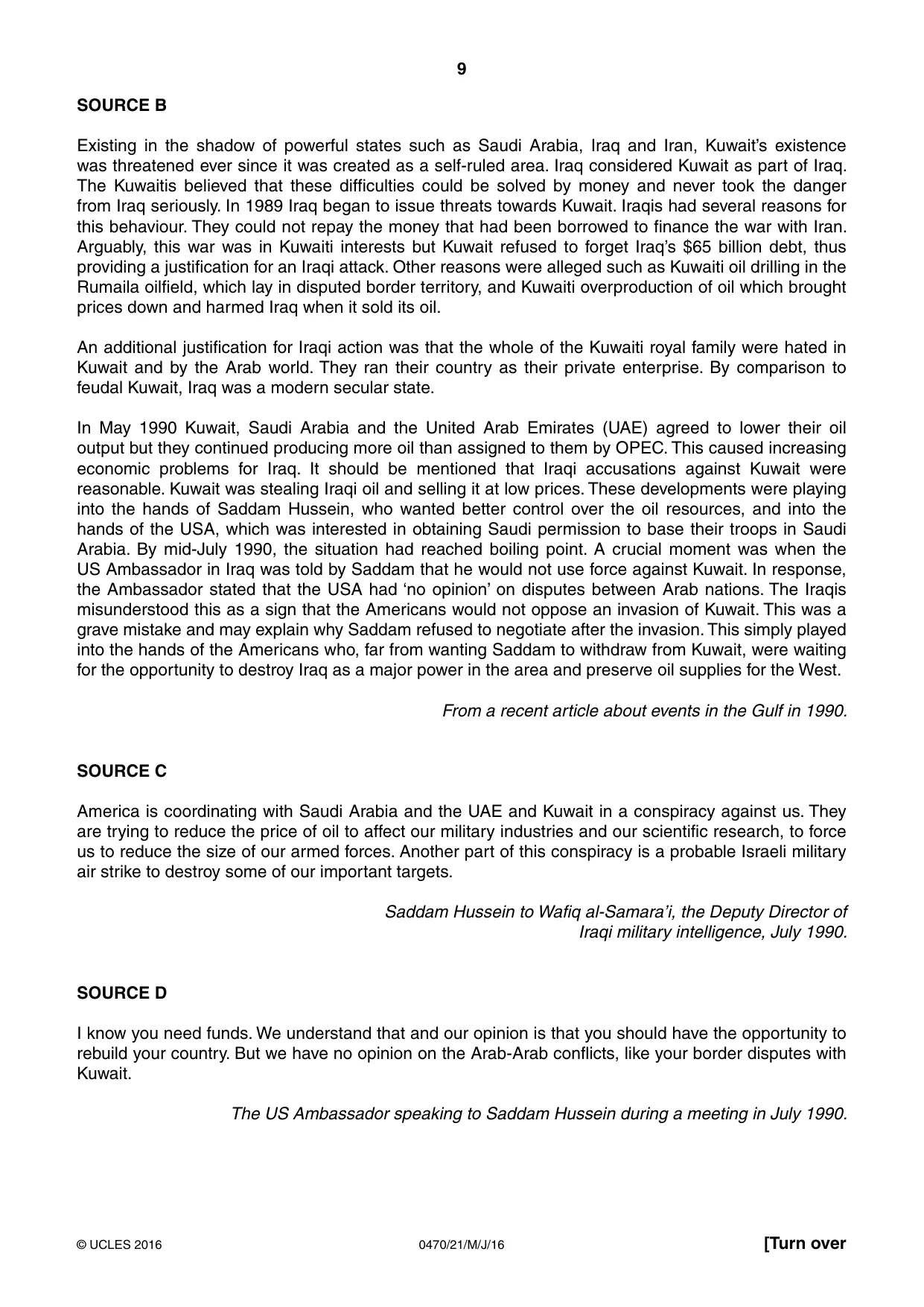 Cambridge IGCSE History 0470 2016 May/June Paper 2 · Variant 1 question paper, page 9 of 16