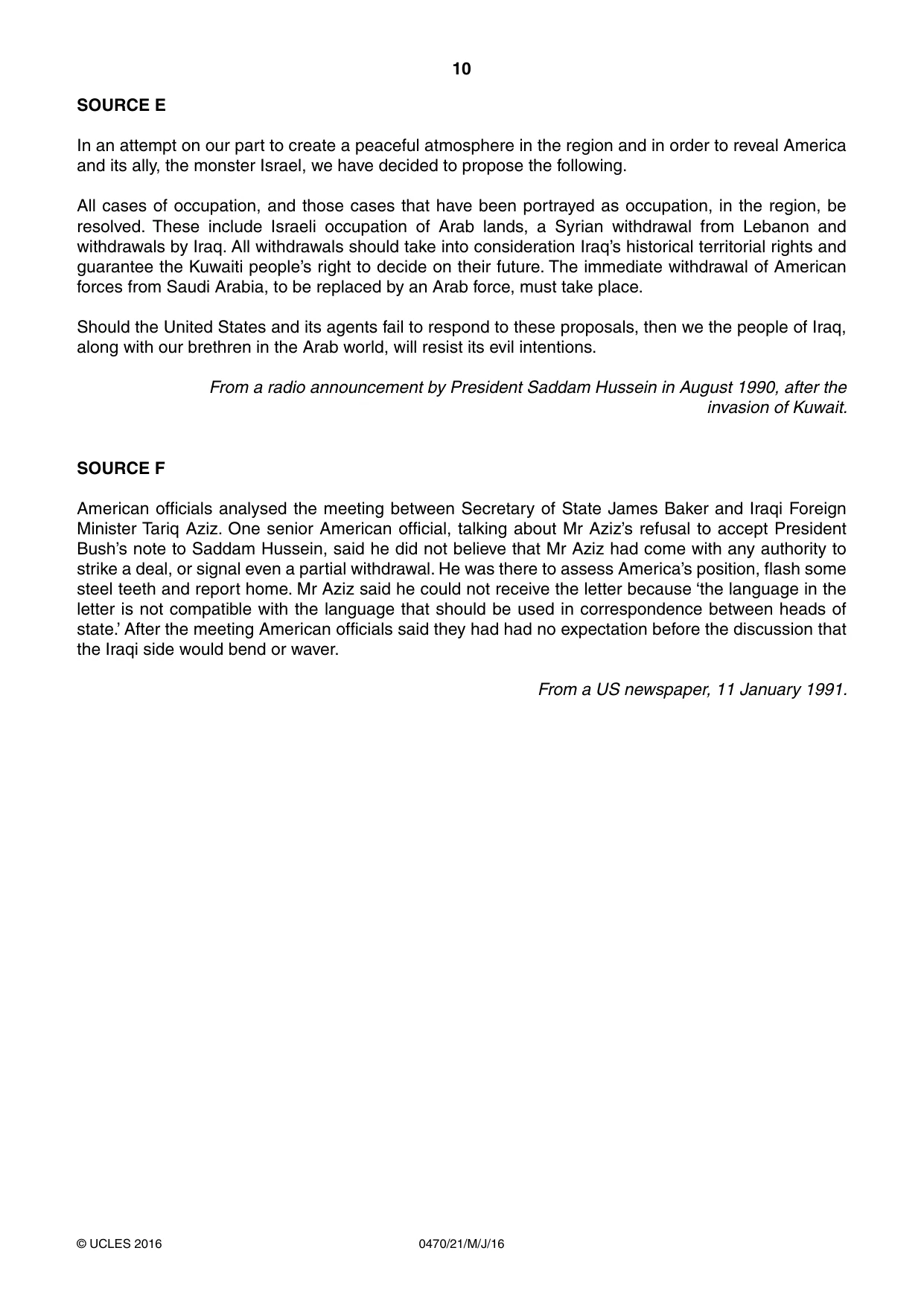 Cambridge IGCSE History 0470 2016 May/June Paper 2 · Variant 1 question paper, page 10 of 16