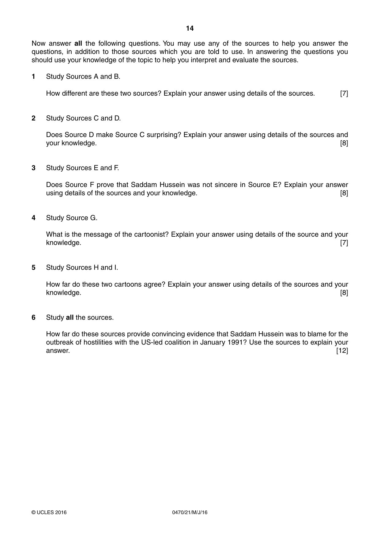 Cambridge IGCSE History 0470 2016 May/June Paper 2 · Variant 1 question paper, page 14 of 16