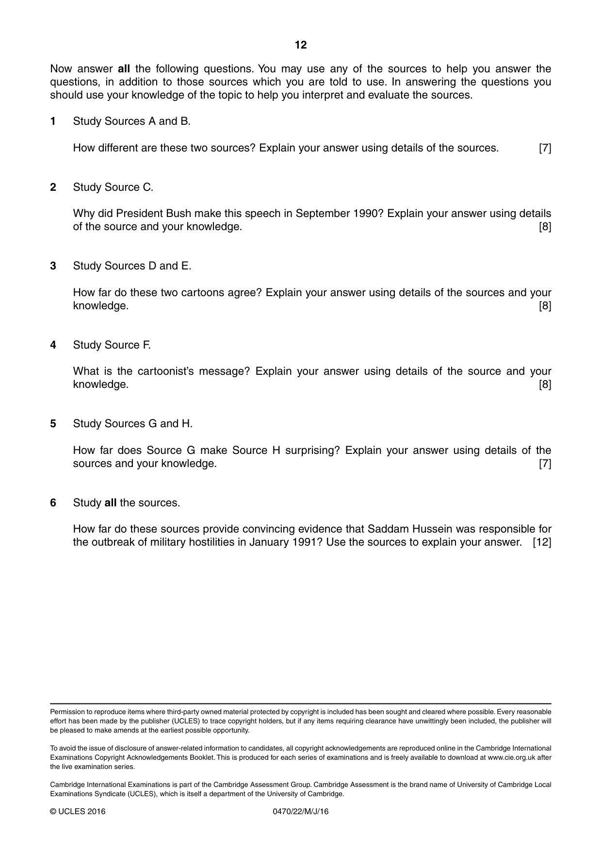 Cambridge IGCSE History 0470 2016 May/June Paper 2 · Variant 2 question paper, page 12 of 12