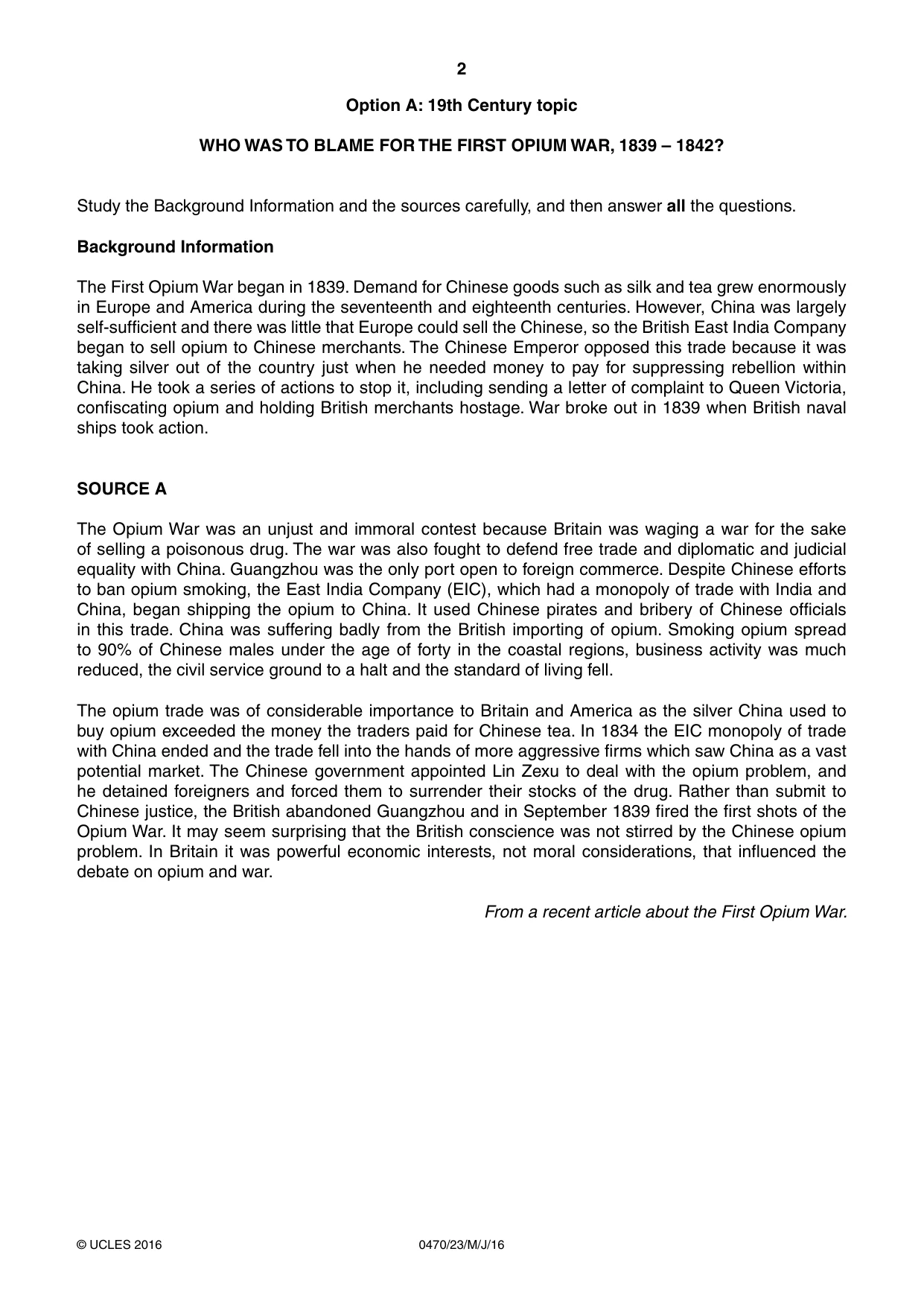 Cambridge IGCSE History 0470 2016 May/June Paper 2 · Variant 3 question paper, page 2 of 16
