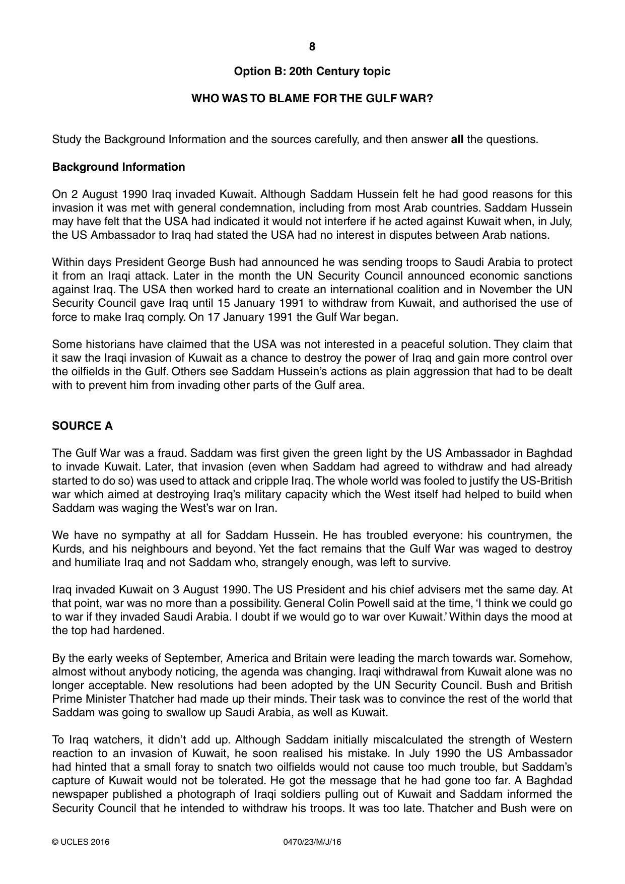 Cambridge IGCSE History 0470 2016 May/June Paper 2 · Variant 3 question paper, page 8 of 16