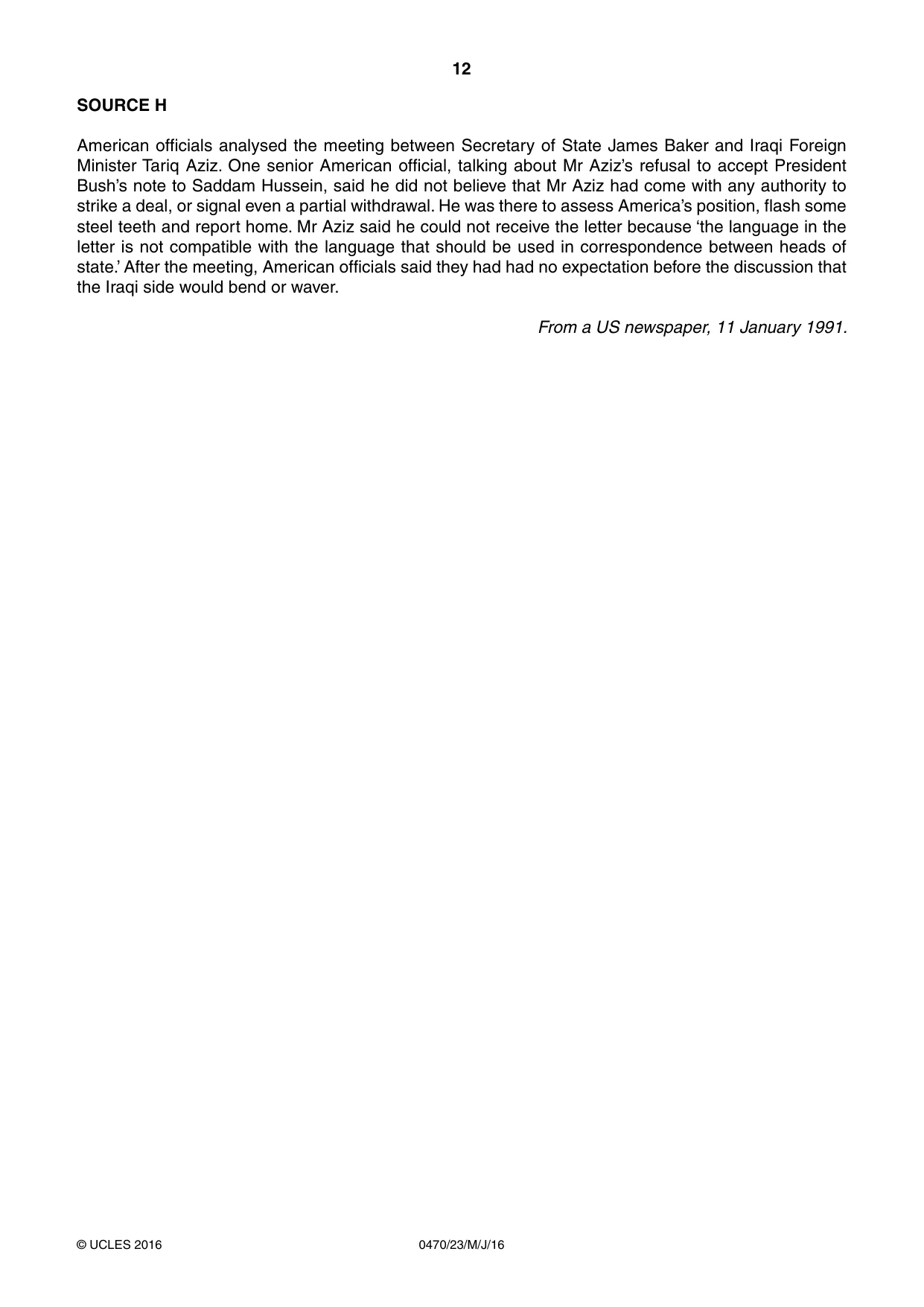 Cambridge IGCSE History 0470 2016 May/June Paper 2 · Variant 3 question paper, page 12 of 16