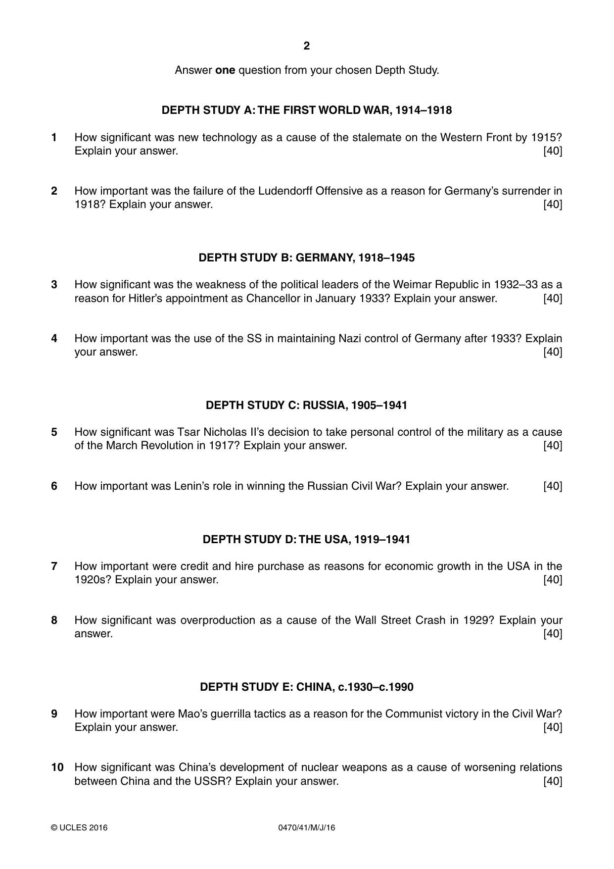 Cambridge IGCSE History 0470 2016 May/June Paper 4 · Variant 1 question paper, page 2 of 4