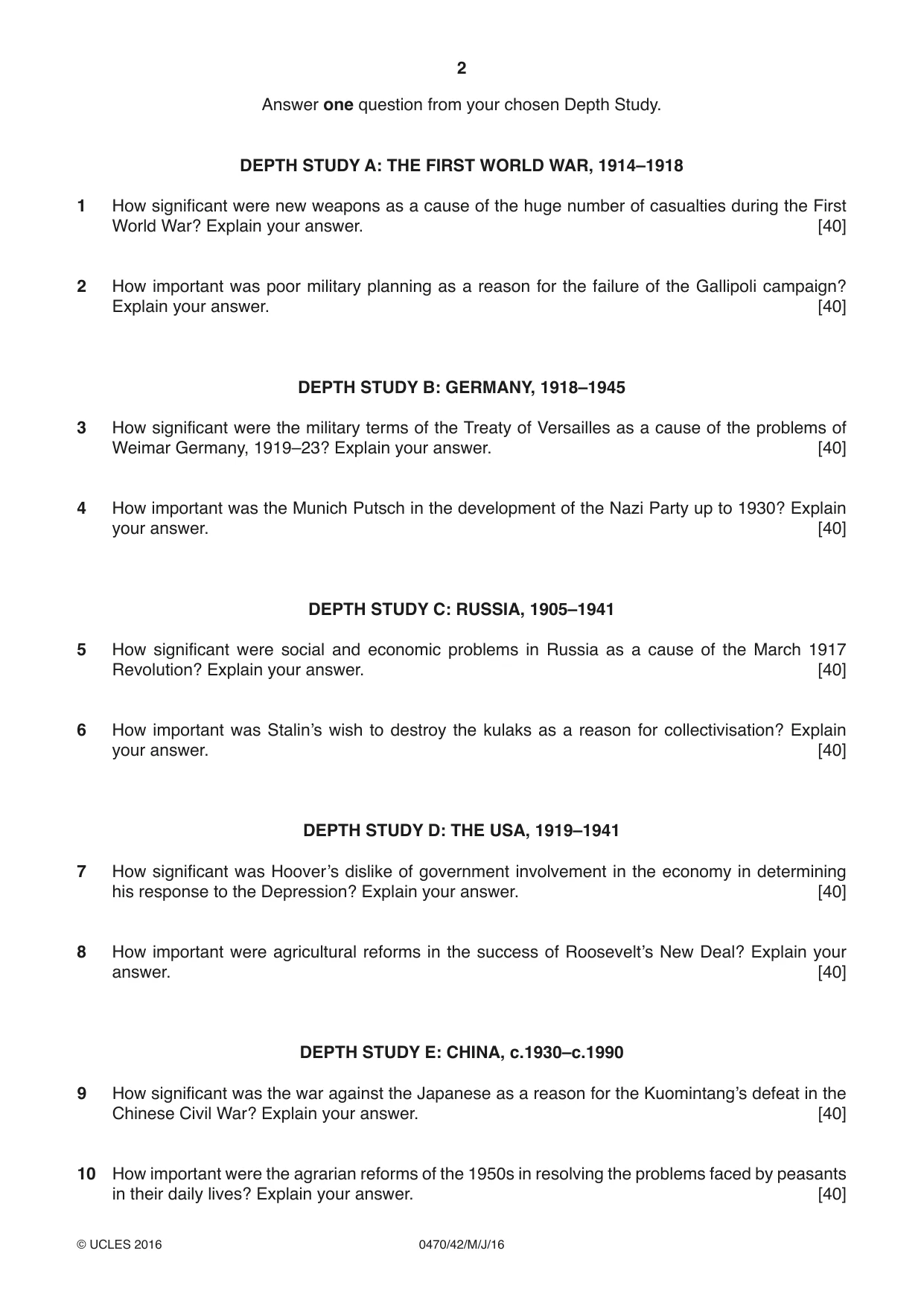 Cambridge IGCSE History 0470 2016 May/June Paper 4 · Variant 2 question paper, page 2 of 4