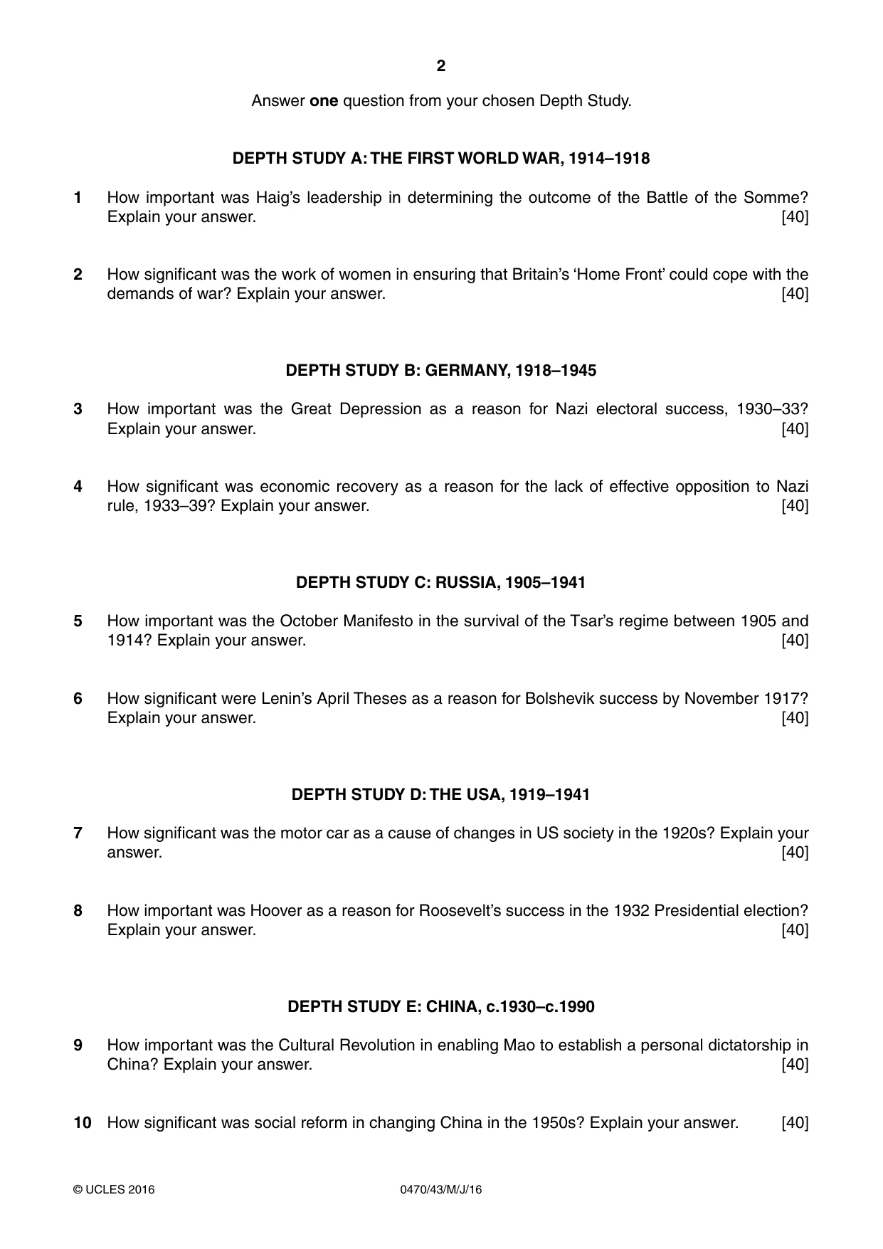 Cambridge IGCSE History 0470 2016 May/June Paper 4 · Variant 3 question paper, page 2 of 4