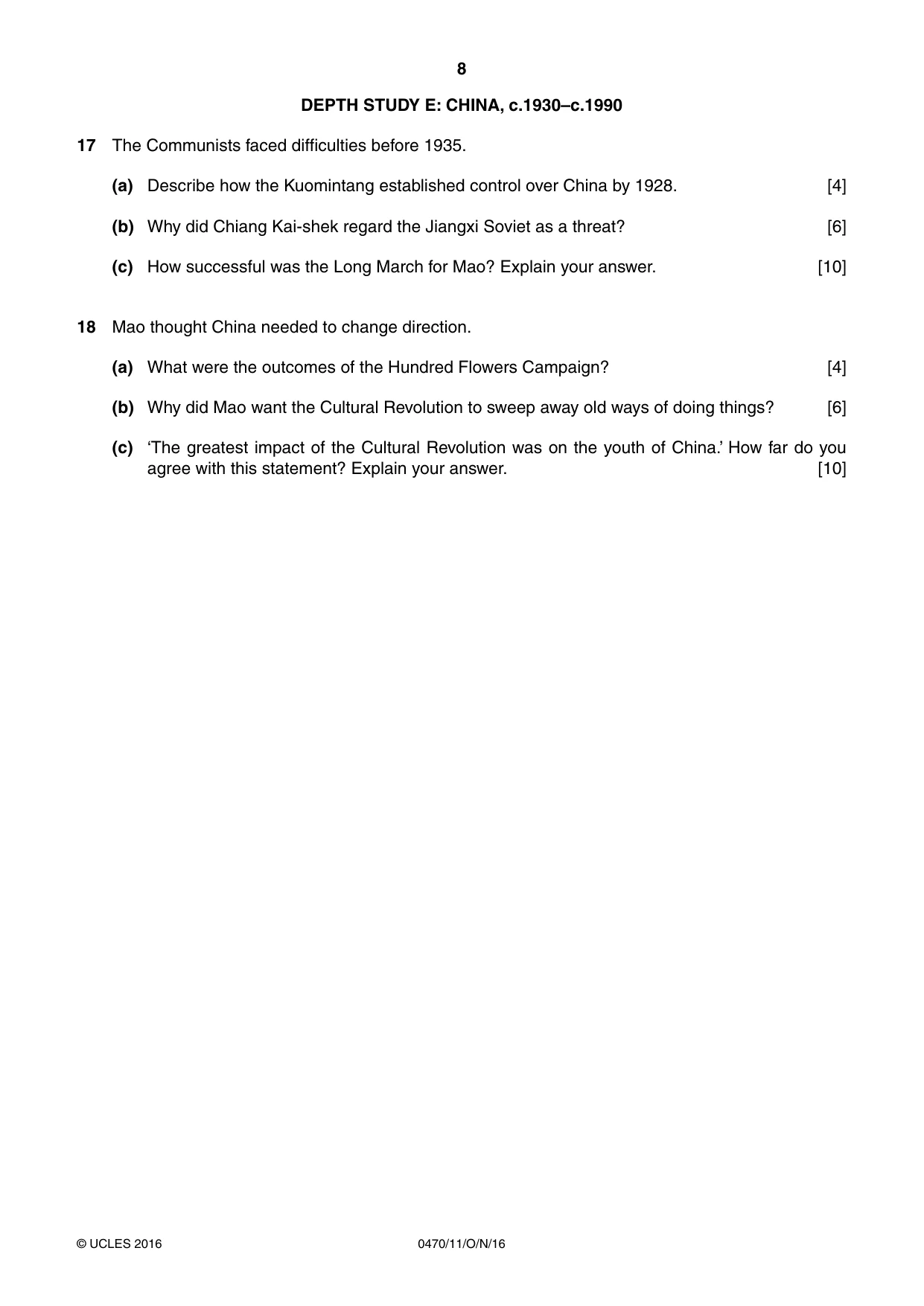 Cambridge IGCSE History 0470 2016 Oct/Nov Paper 1 · Variant 1 question paper, page 8 of 12
