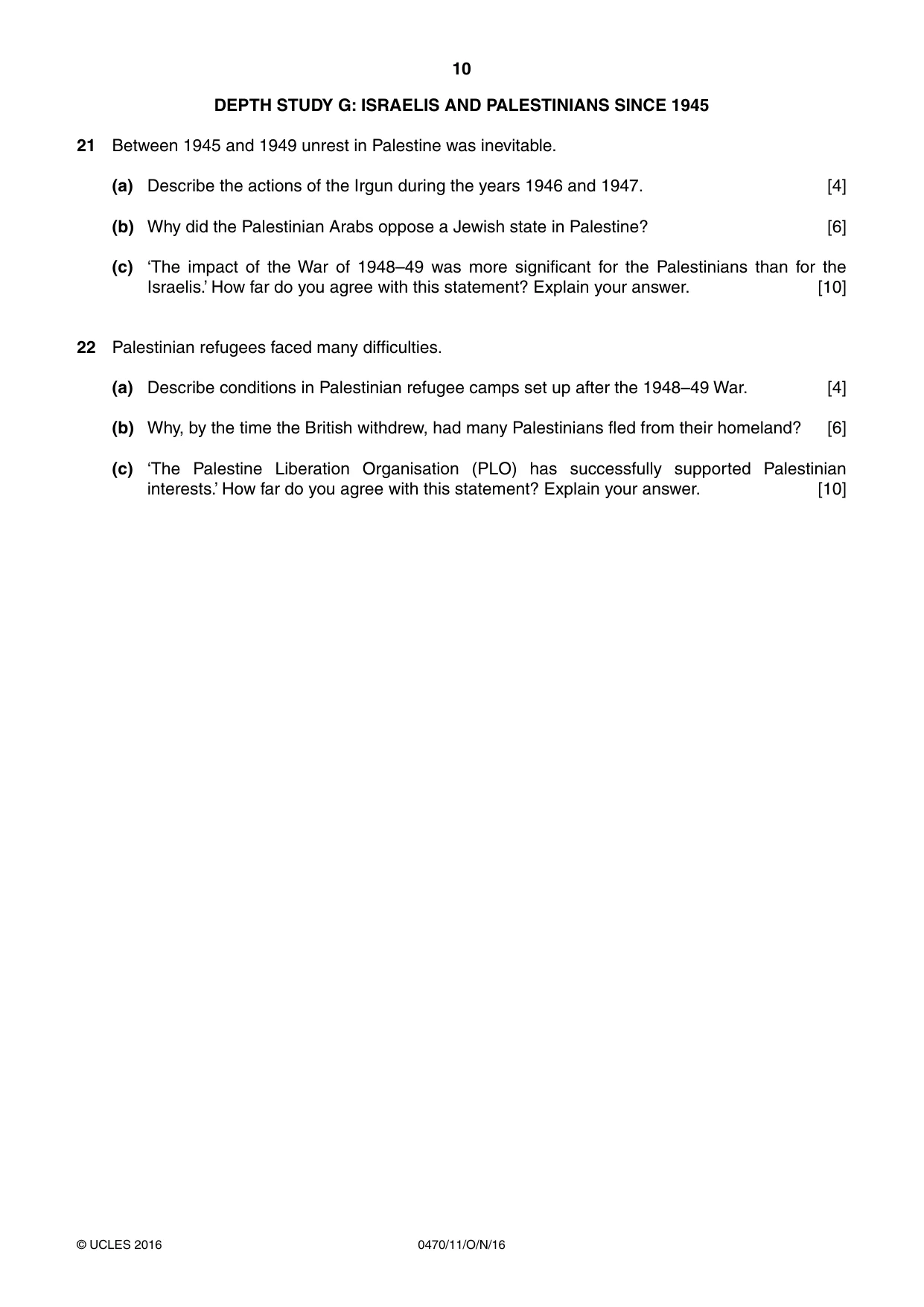 Cambridge IGCSE History 0470 2016 Oct/Nov Paper 1 · Variant 1 question paper, page 10 of 12