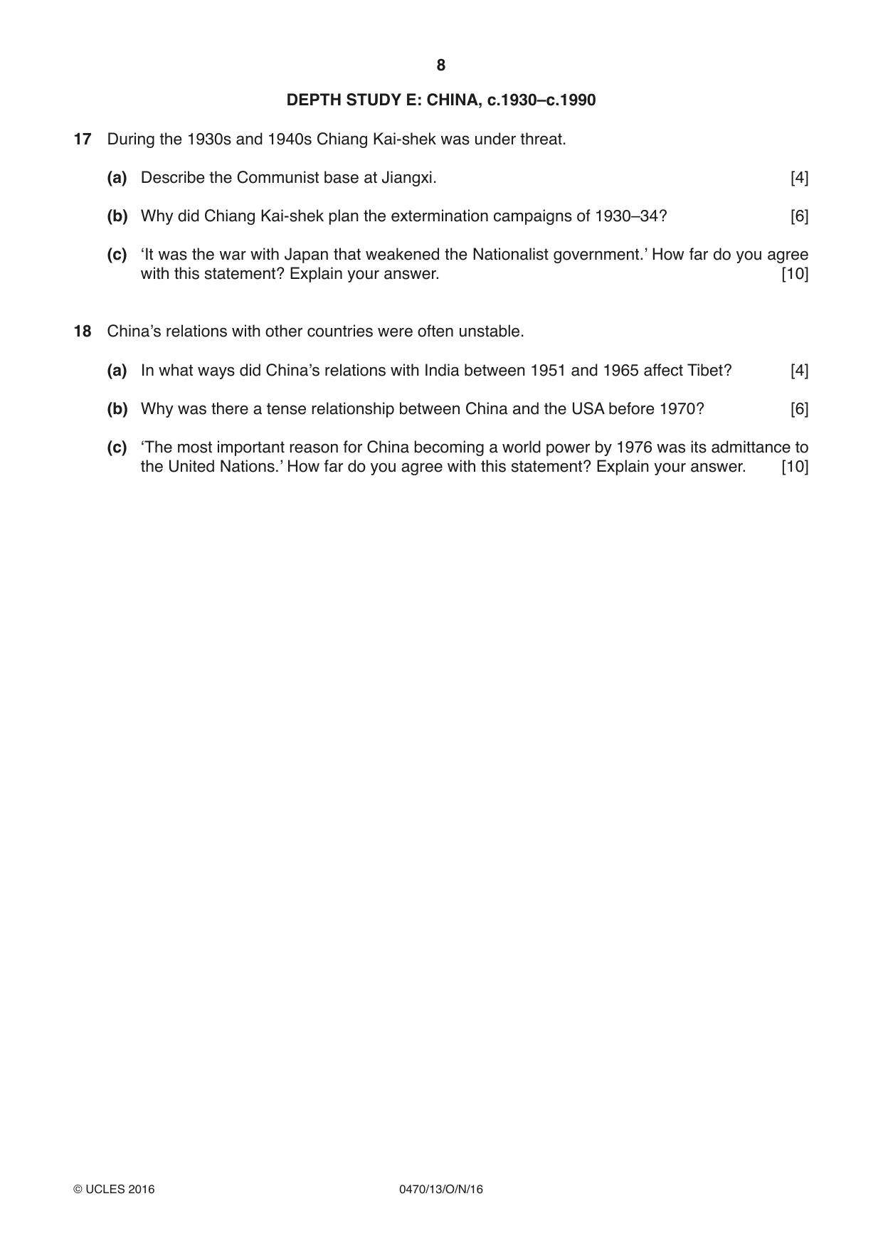 Cambridge IGCSE History 0470 2016 Oct/Nov Paper 1 · Variant 3 question paper, page 8 of 12