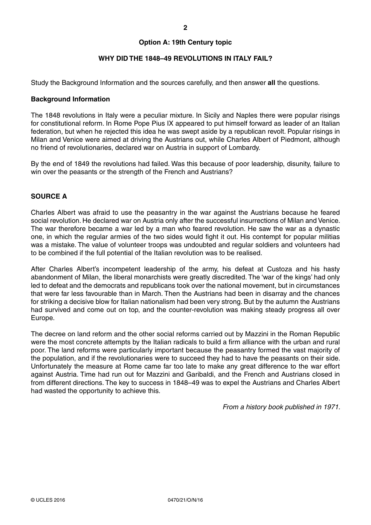 Cambridge IGCSE History 0470 2016 Oct/Nov Paper 2 · Variant 1 question paper, page 2 of 16