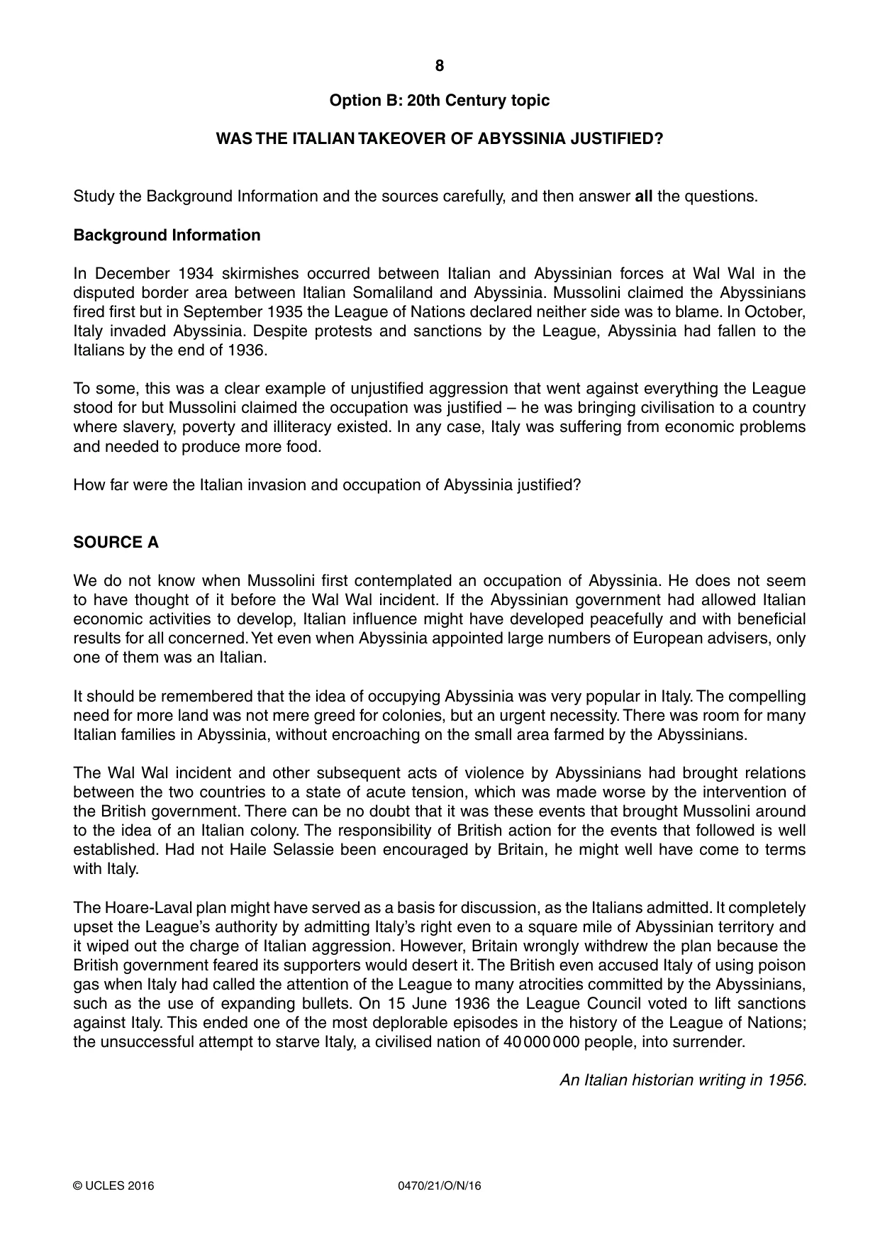 Cambridge IGCSE History 0470 2016 Oct/Nov Paper 2 · Variant 1 question paper, page 8 of 16