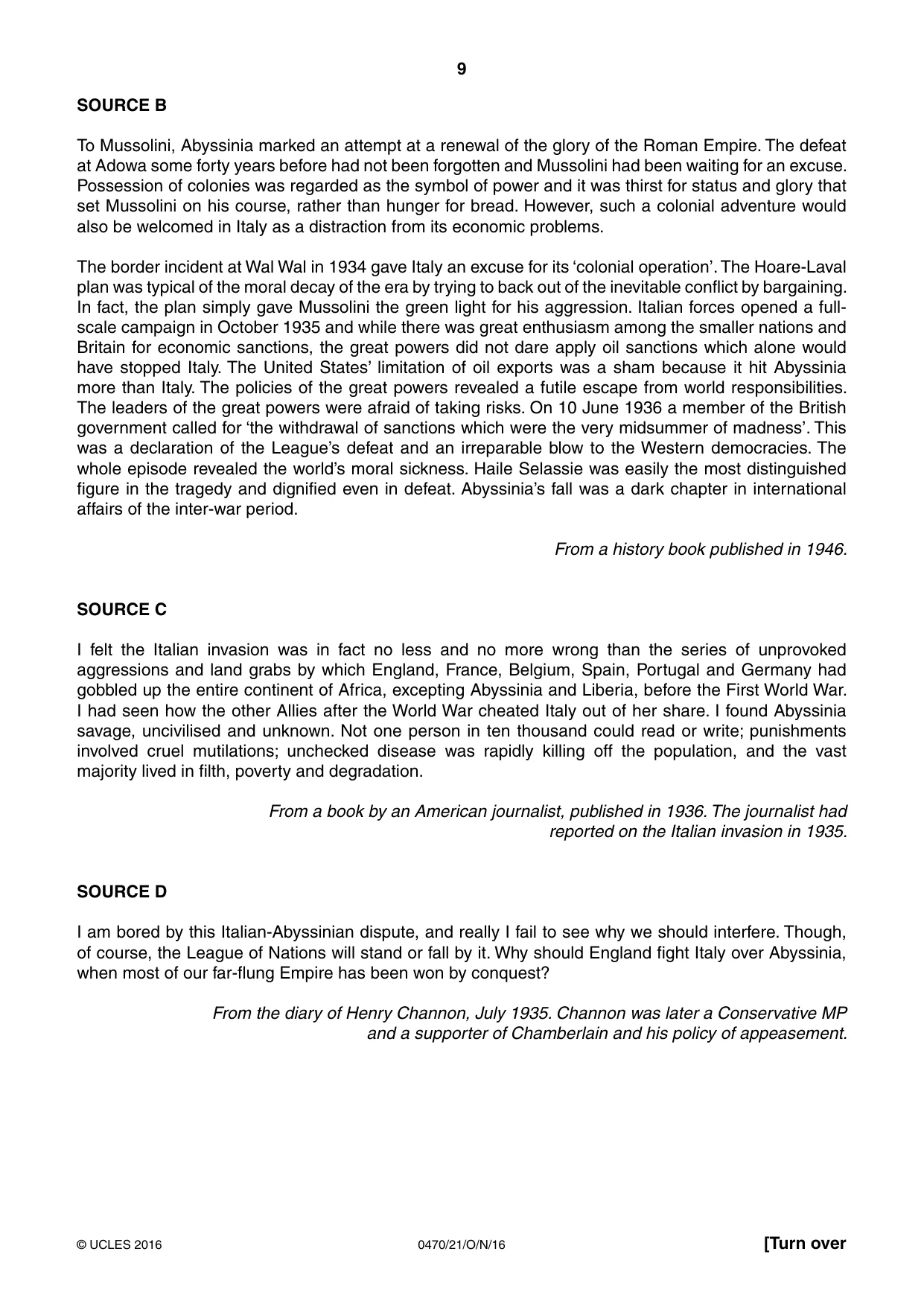 Cambridge IGCSE History 0470 2016 Oct/Nov Paper 2 · Variant 1 question paper, page 9 of 16