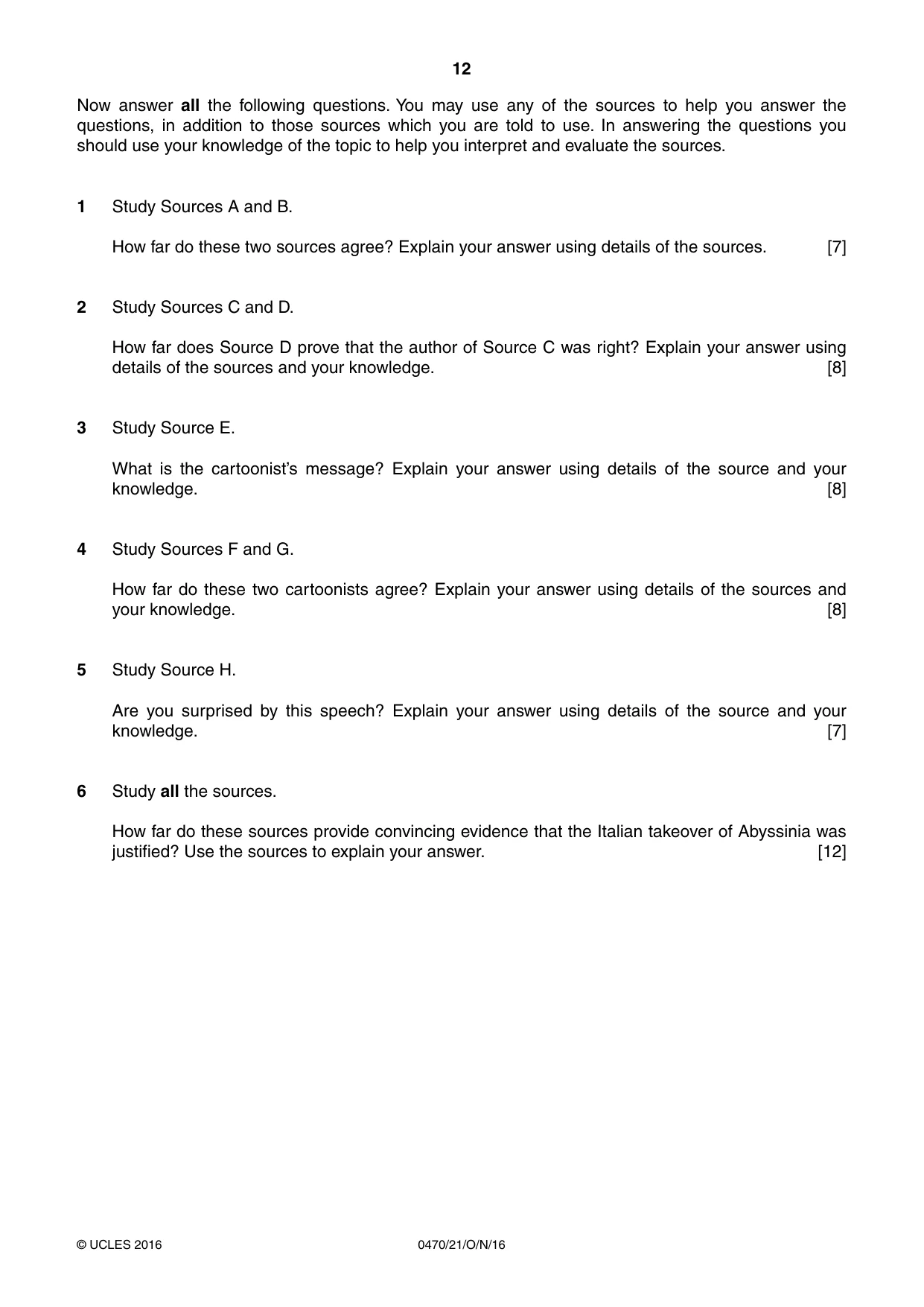 Cambridge IGCSE History 0470 2016 Oct/Nov Paper 2 · Variant 1 question paper, page 12 of 16
