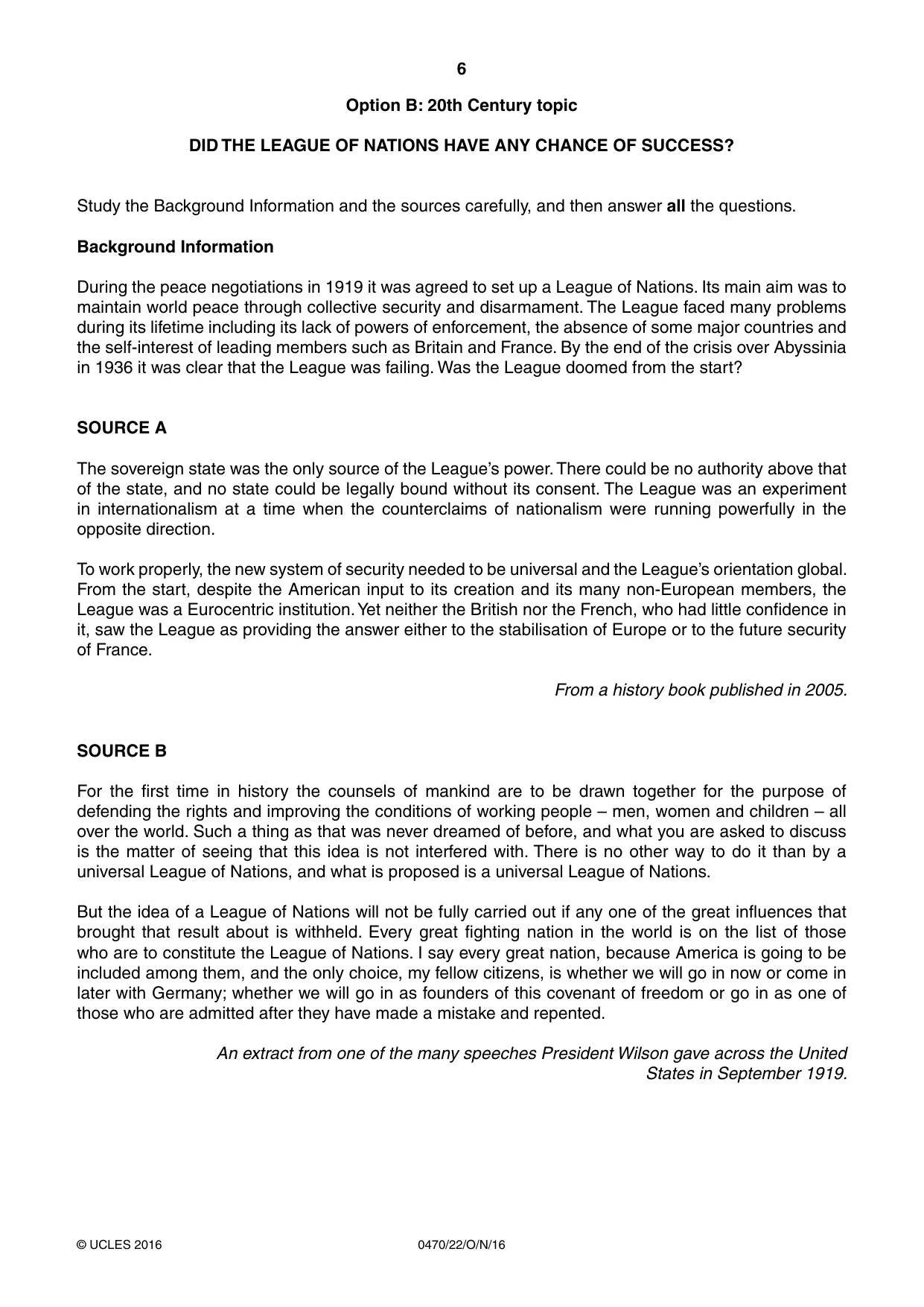 Cambridge IGCSE History 0470 2016 Oct/Nov Paper 2 · Variant 2 question paper, page 6 of 12
