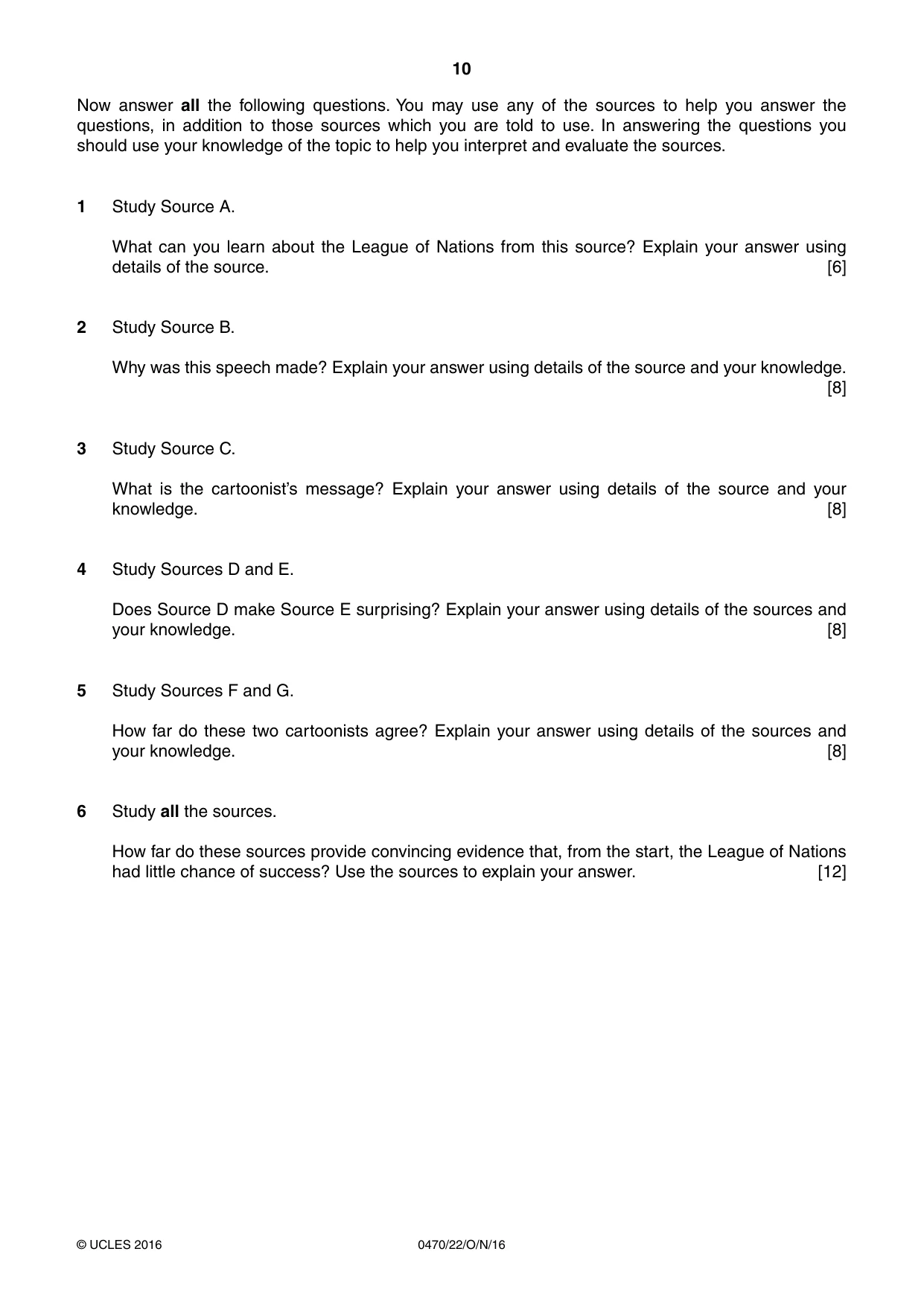 Cambridge IGCSE History 0470 2016 Oct/Nov Paper 2 · Variant 2 question paper, page 10 of 12