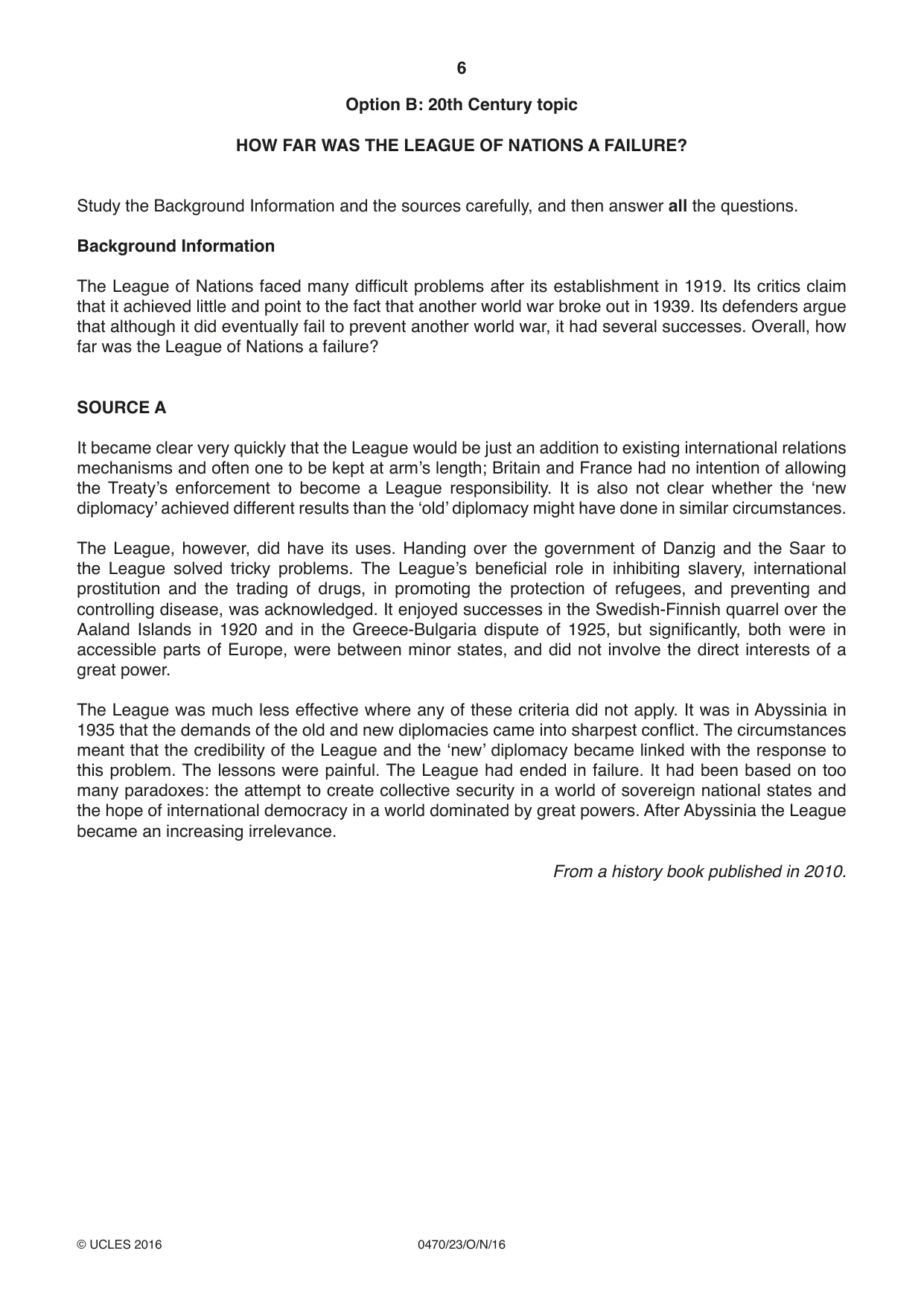 Cambridge IGCSE History 0470 2016 Oct/Nov Paper 2 · Variant 3 question paper, page 6 of 12
