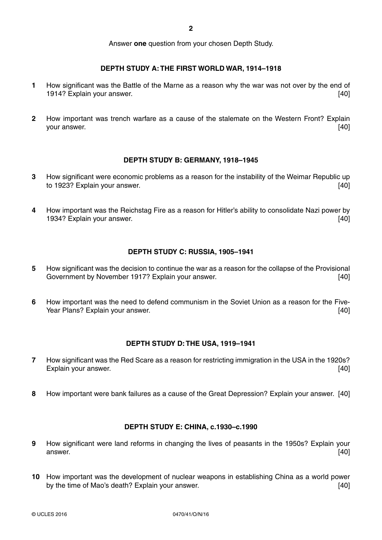 Cambridge IGCSE History 0470 2016 Oct/Nov Paper 4 · Variant 1 question paper, page 2 of 4