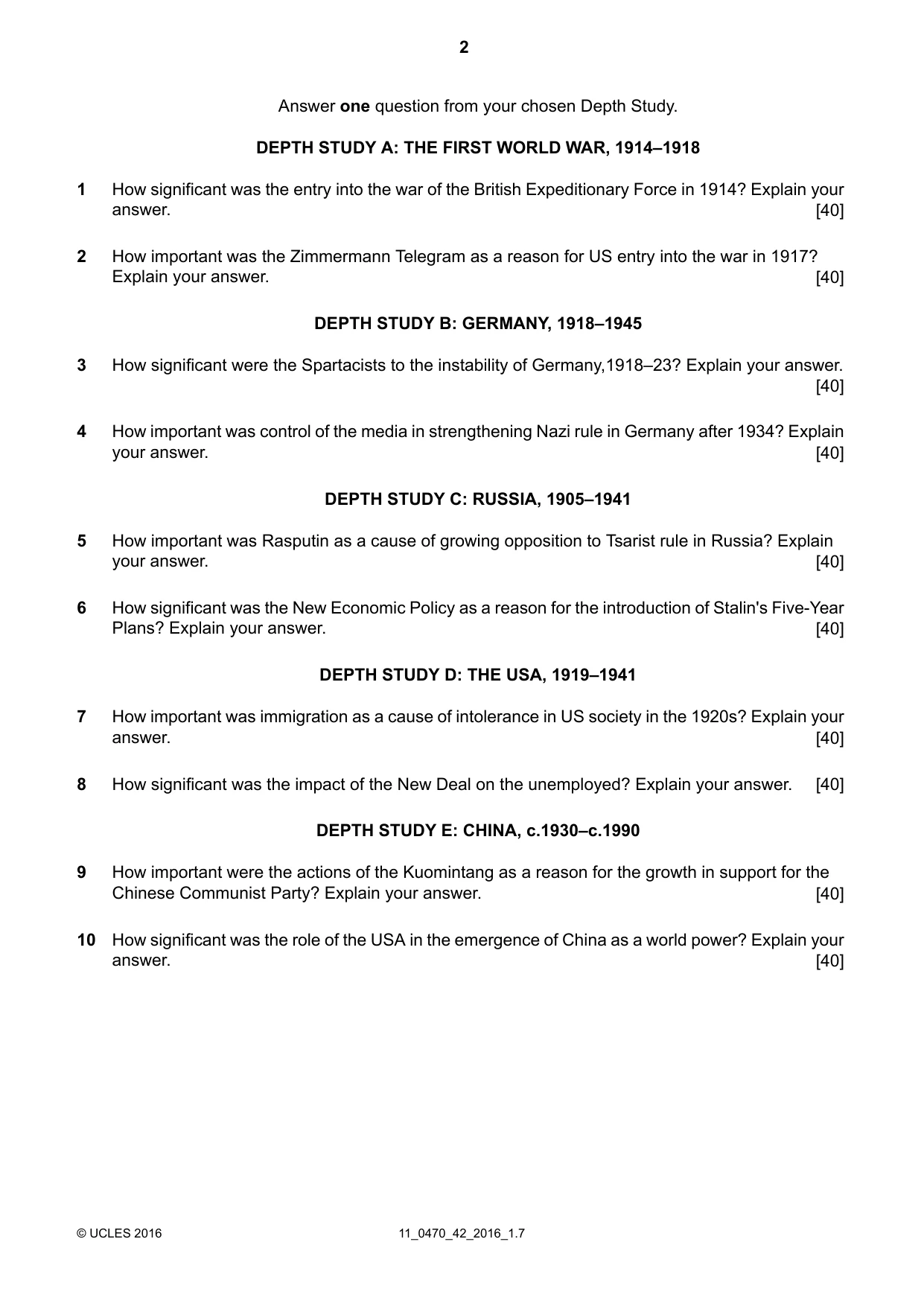 Cambridge IGCSE History 0470 2016 Oct/Nov Paper 4 · Variant 2 question paper, page 2 of 4