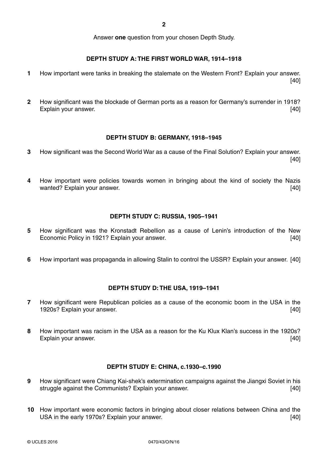 Cambridge IGCSE History 0470 2016 Oct/Nov Paper 4 · Variant 3 question paper, page 2 of 4