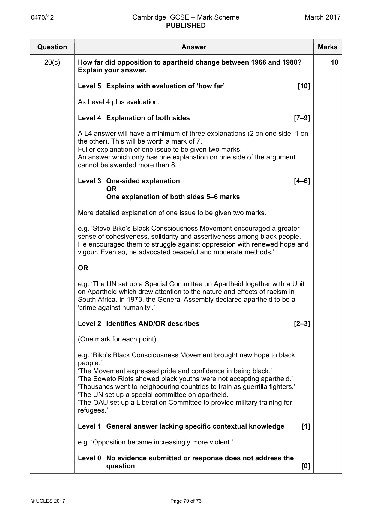 Mark scheme, page 70 of 76