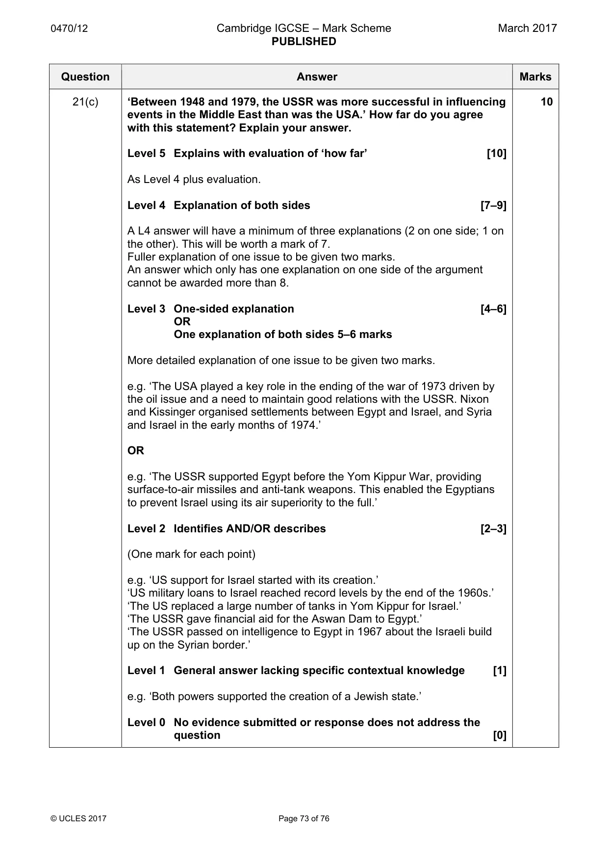 Mark scheme, page 73 of 76
