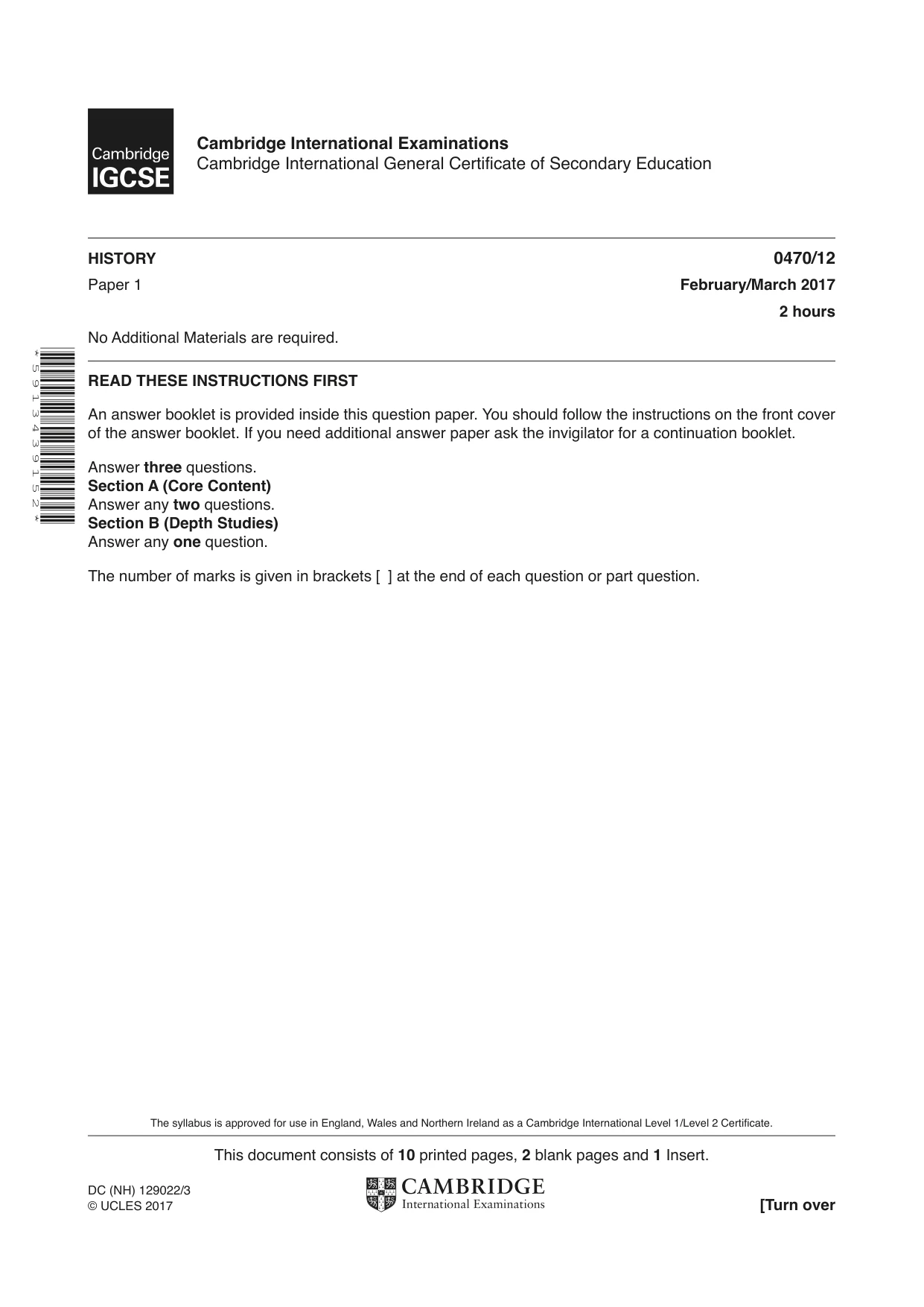 Cambridge IGCSE History 0470 2017 Feb/March Paper 1 · Variant 2 question paper, page 1 of 12