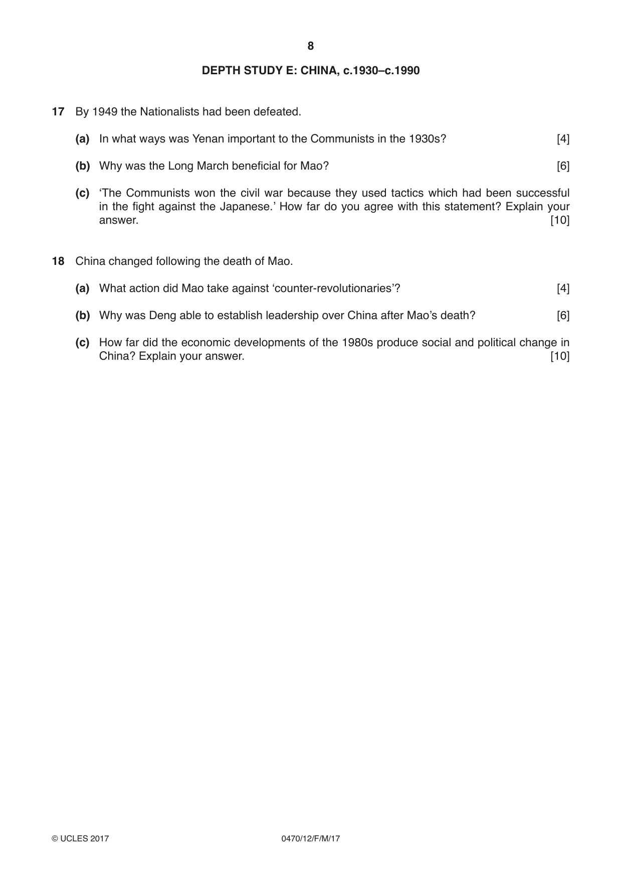 Cambridge IGCSE History 0470 2017 Feb/March Paper 1 · Variant 2 question paper, page 8 of 12