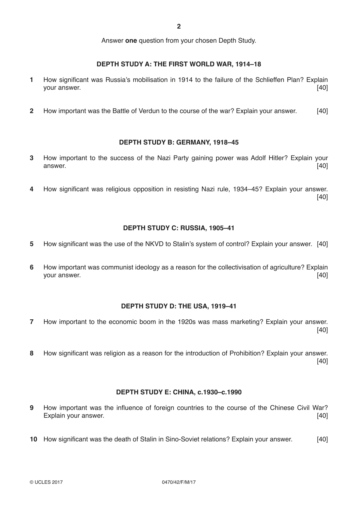 Cambridge IGCSE History 0470 2017 Feb/March Paper 4 · Variant 2 question paper, page 2 of 4