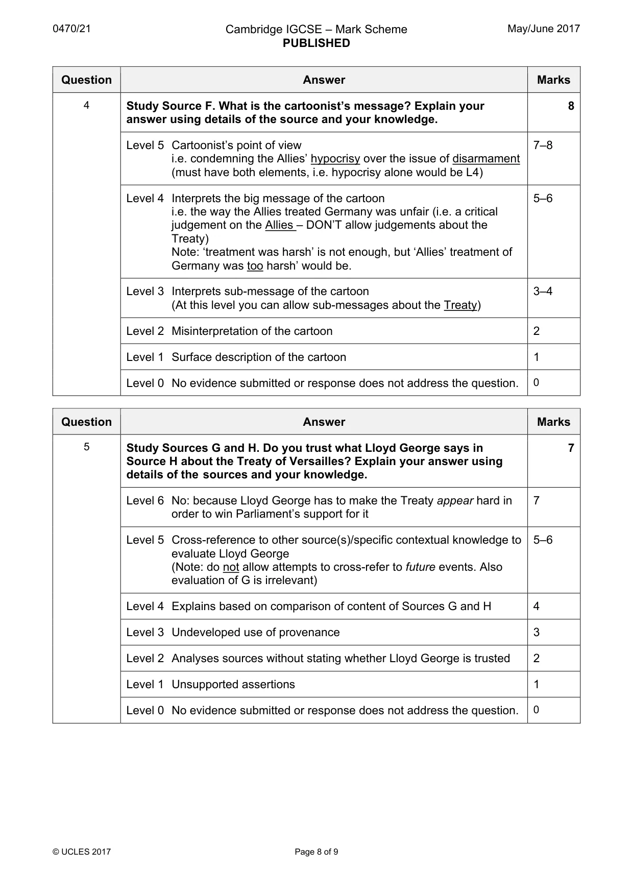 Mark scheme, page 8 of 9