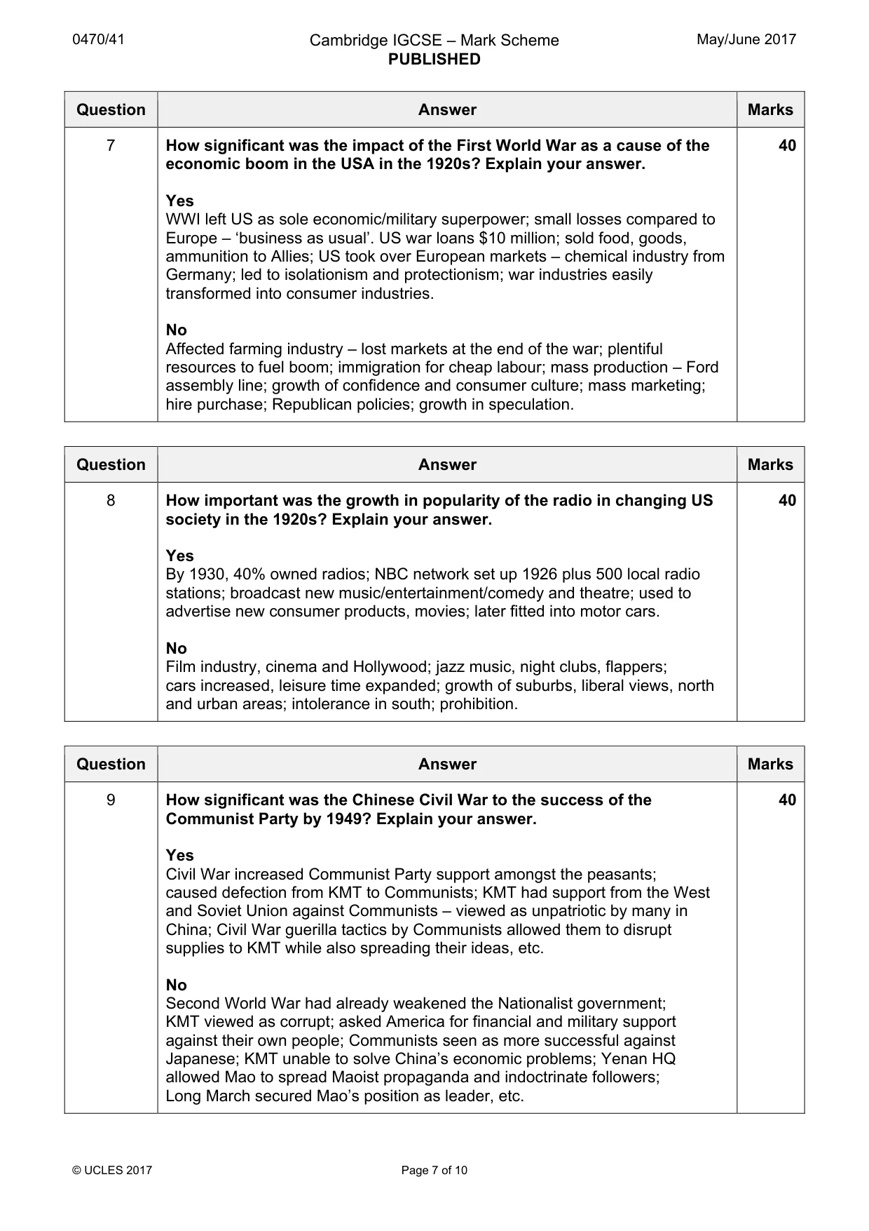 Mark scheme, page 7 of 10