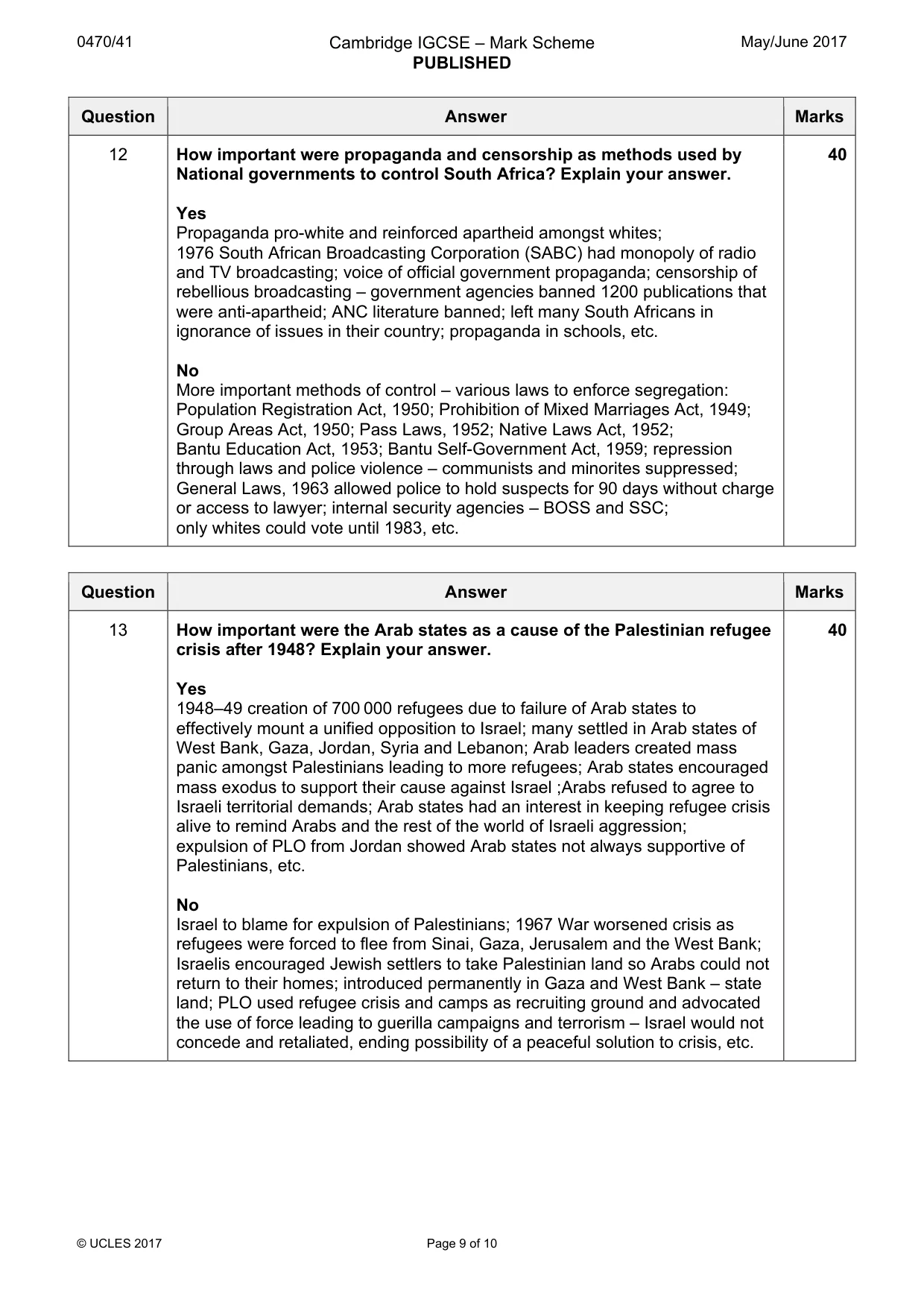 Mark scheme, page 9 of 10