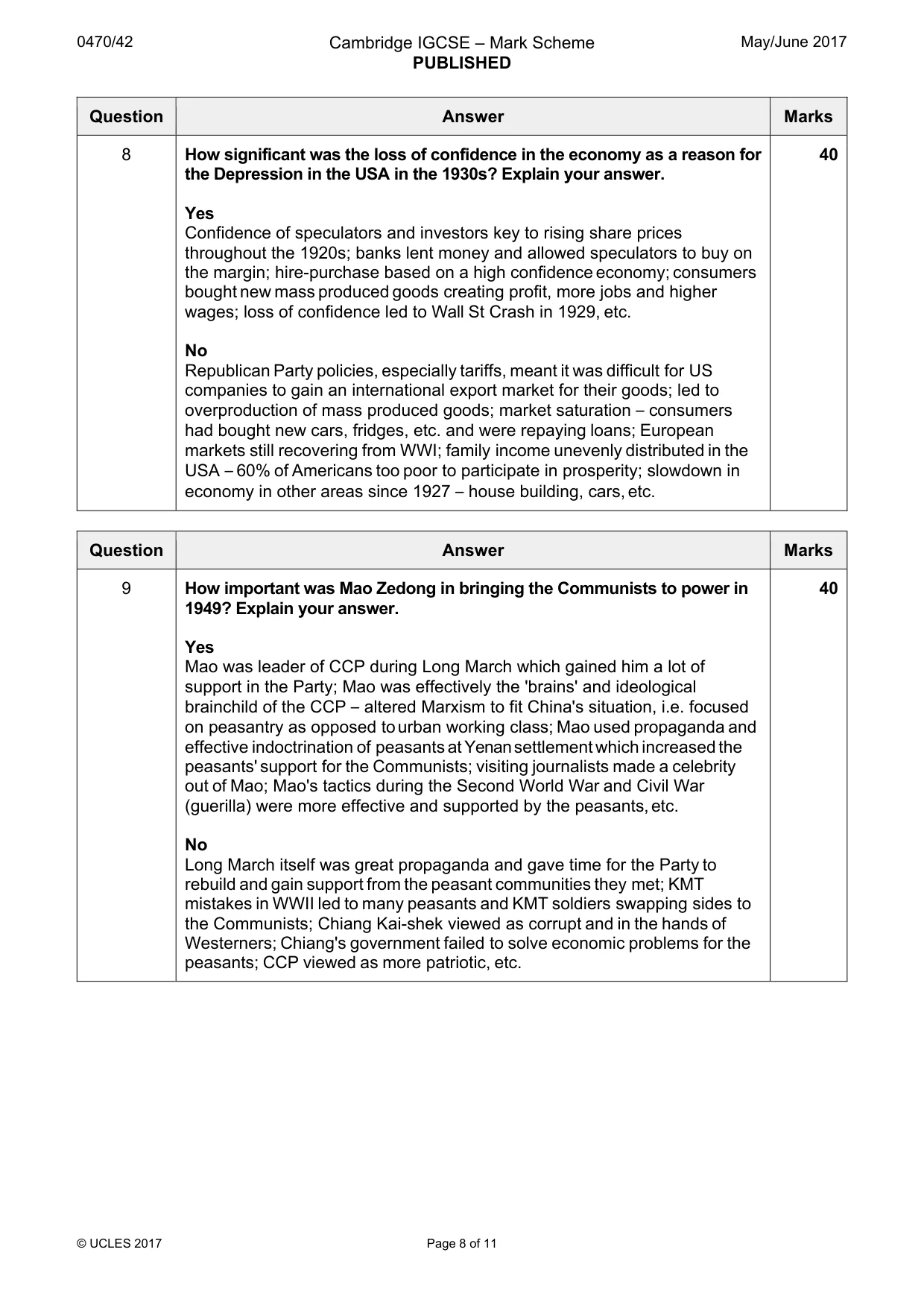 Mark scheme, page 8 of 11