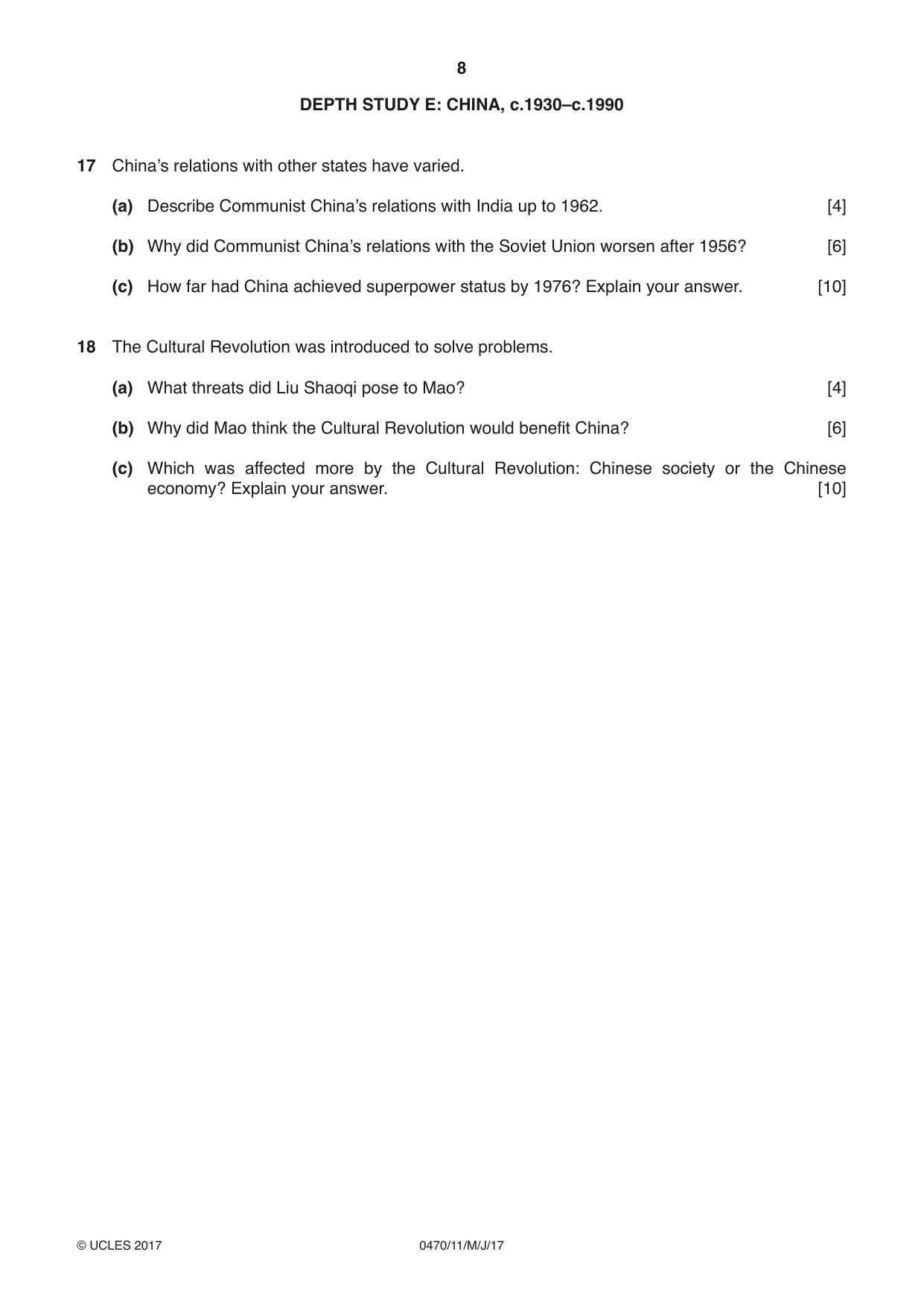 Cambridge IGCSE History 0470 2017 May/June Paper 1 · Variant 1 question paper, page 8 of 12