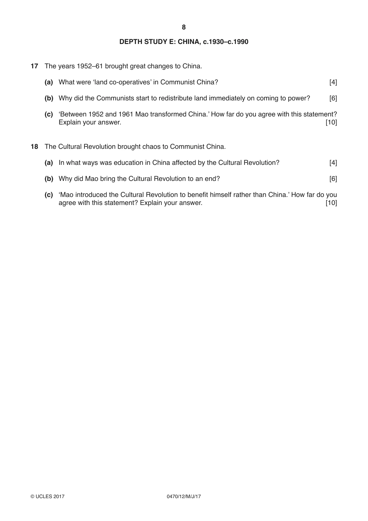 Cambridge IGCSE History 0470 2017 May/June Paper 1 · Variant 2 question paper, page 8 of 12