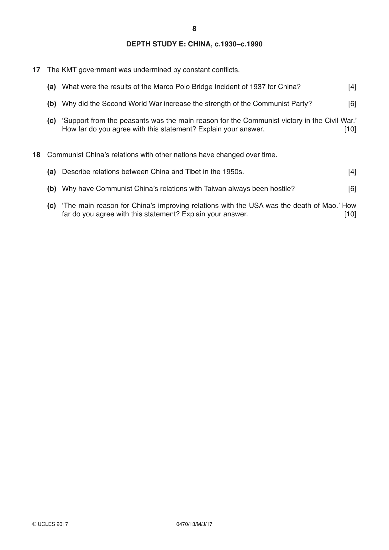 Cambridge IGCSE History 0470 2017 May/June Paper 1 · Variant 3 question paper, page 8 of 12