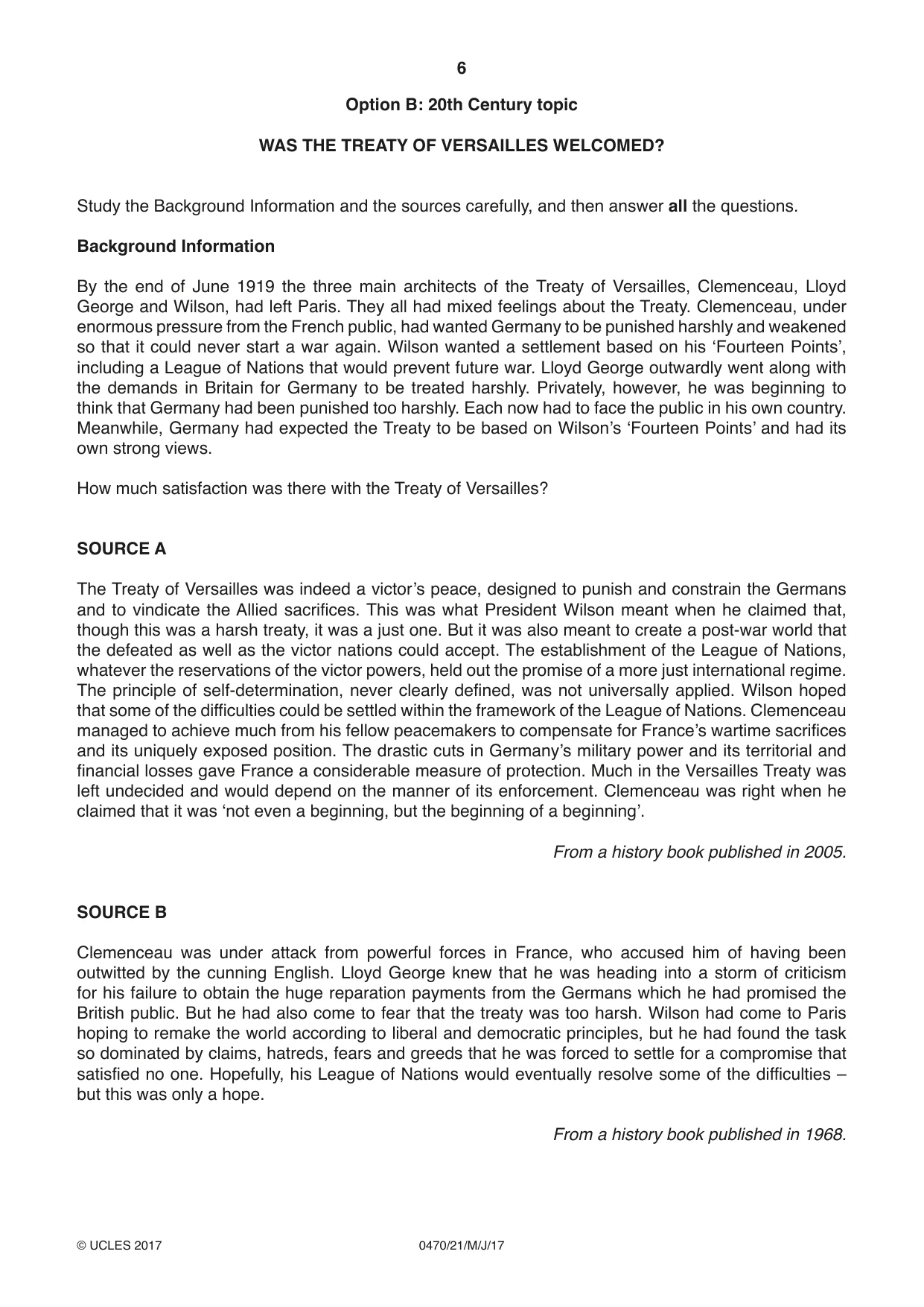Cambridge IGCSE History 0470 2017 May/June Paper 2 · Variant 1 question paper, page 6 of 12