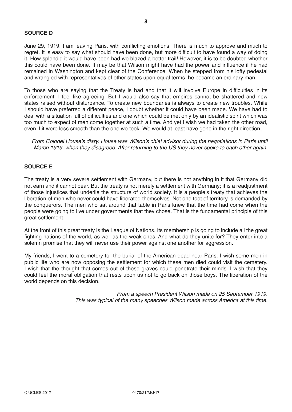 Cambridge IGCSE History 0470 2017 May/June Paper 2 · Variant 1 question paper, page 8 of 12