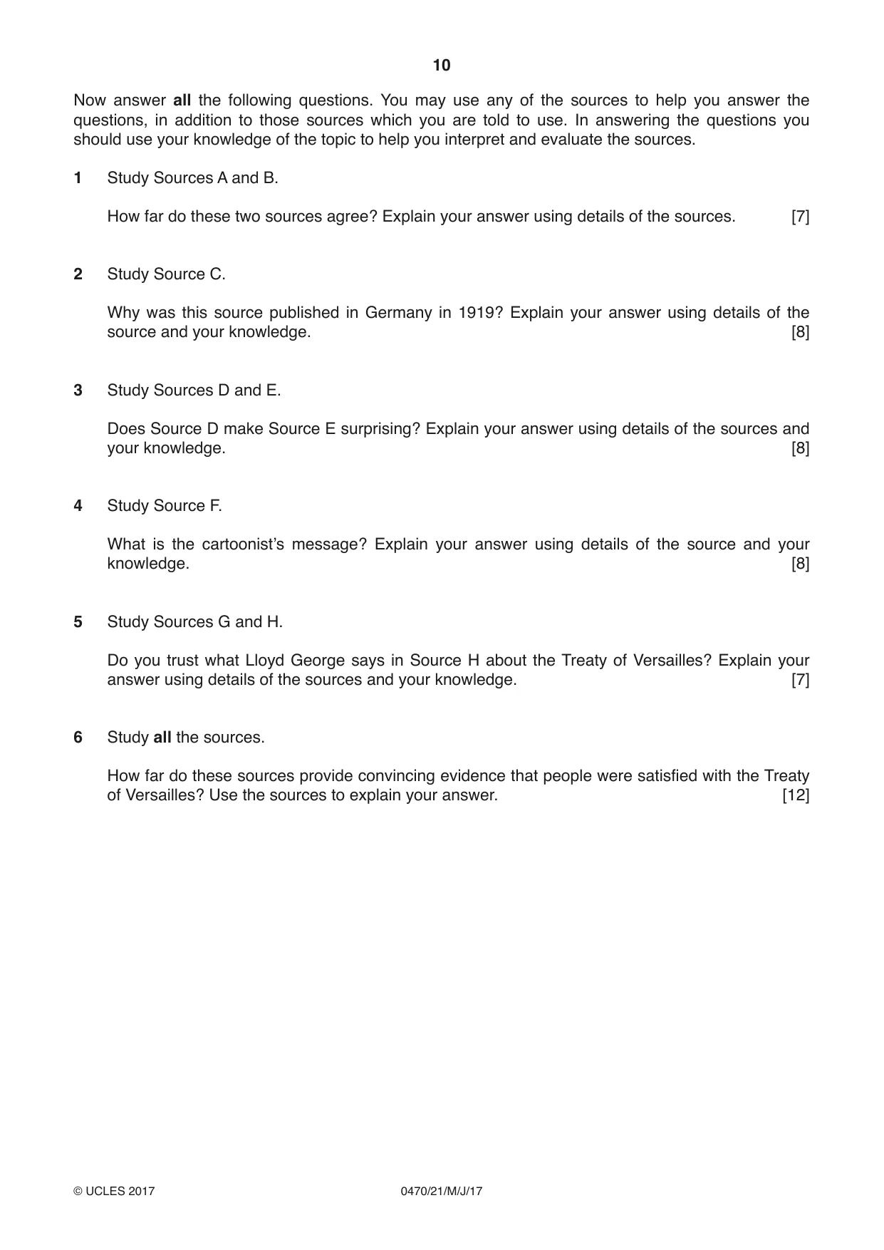 Cambridge IGCSE History 0470 2017 May/June Paper 2 · Variant 1 question paper, page 10 of 12