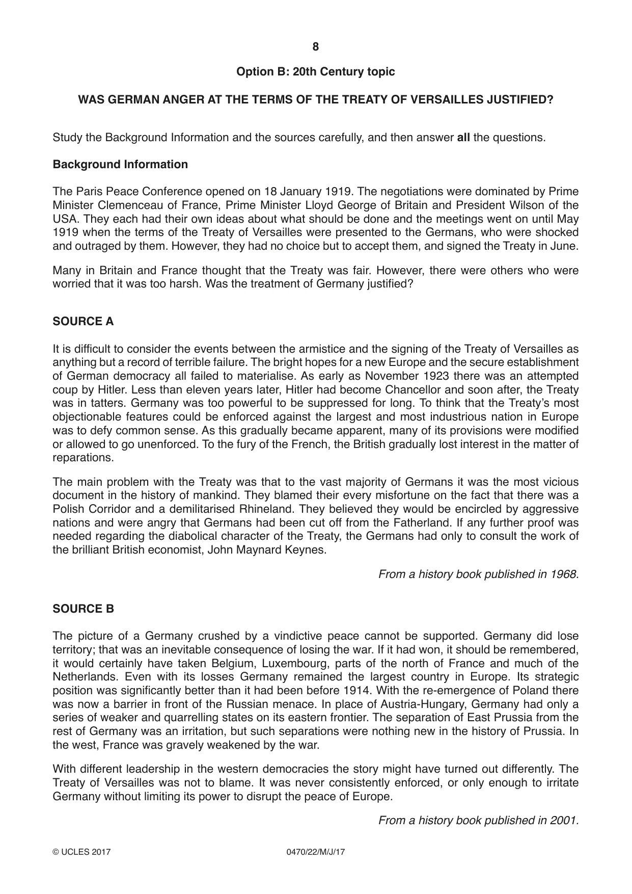 Cambridge IGCSE History 0470 2017 May/June Paper 2 · Variant 2 question paper, page 8 of 12