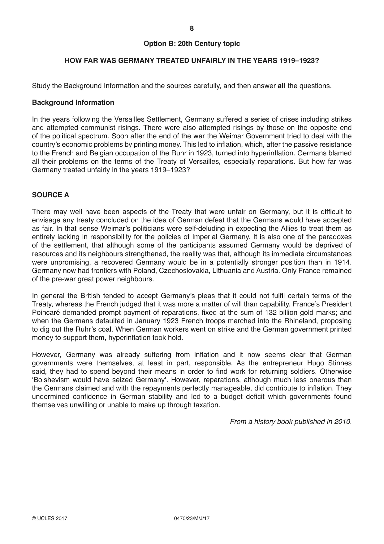 Cambridge IGCSE History 0470 2017 May/June Paper 2 · Variant 3 question paper, page 8 of 16